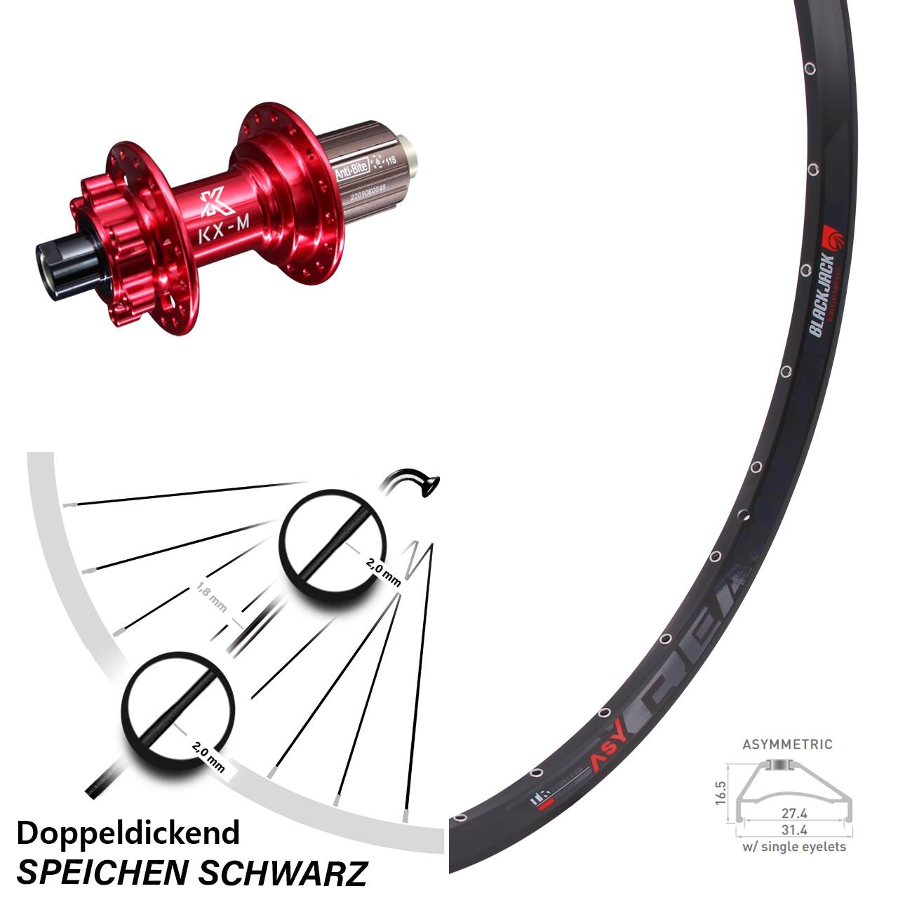 Rodi Ready 27 Hinterrad 27,5 Zoll KX-M rot eloxiert 12x142 mm 11-fach MTB