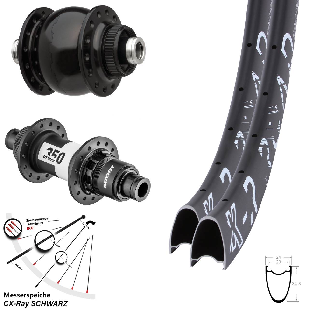 KX-R Road DT Swiss 350 Ratchet 36 SON 28 Zoll Disc Laufrad-Satz 12x100/142 SRAM XDR CX-Ray