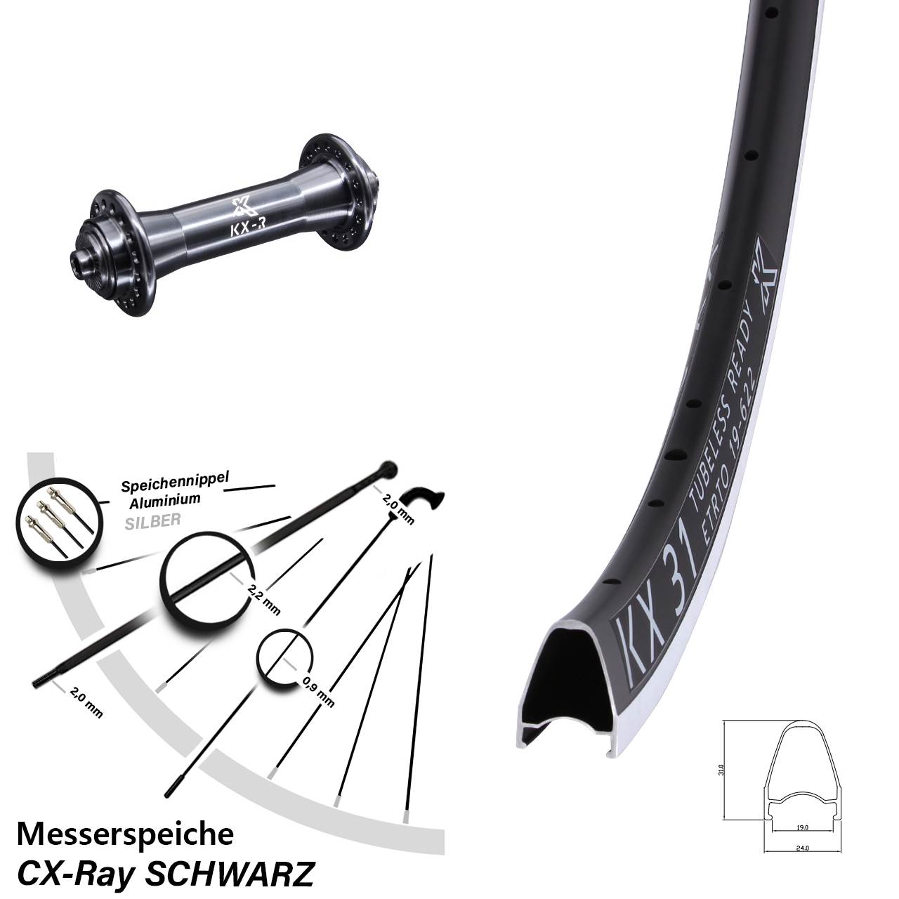 28 Zoll Vorderrad Rennrad KX-R 31 schwarz Messerspeiche Sapim CX-Ray