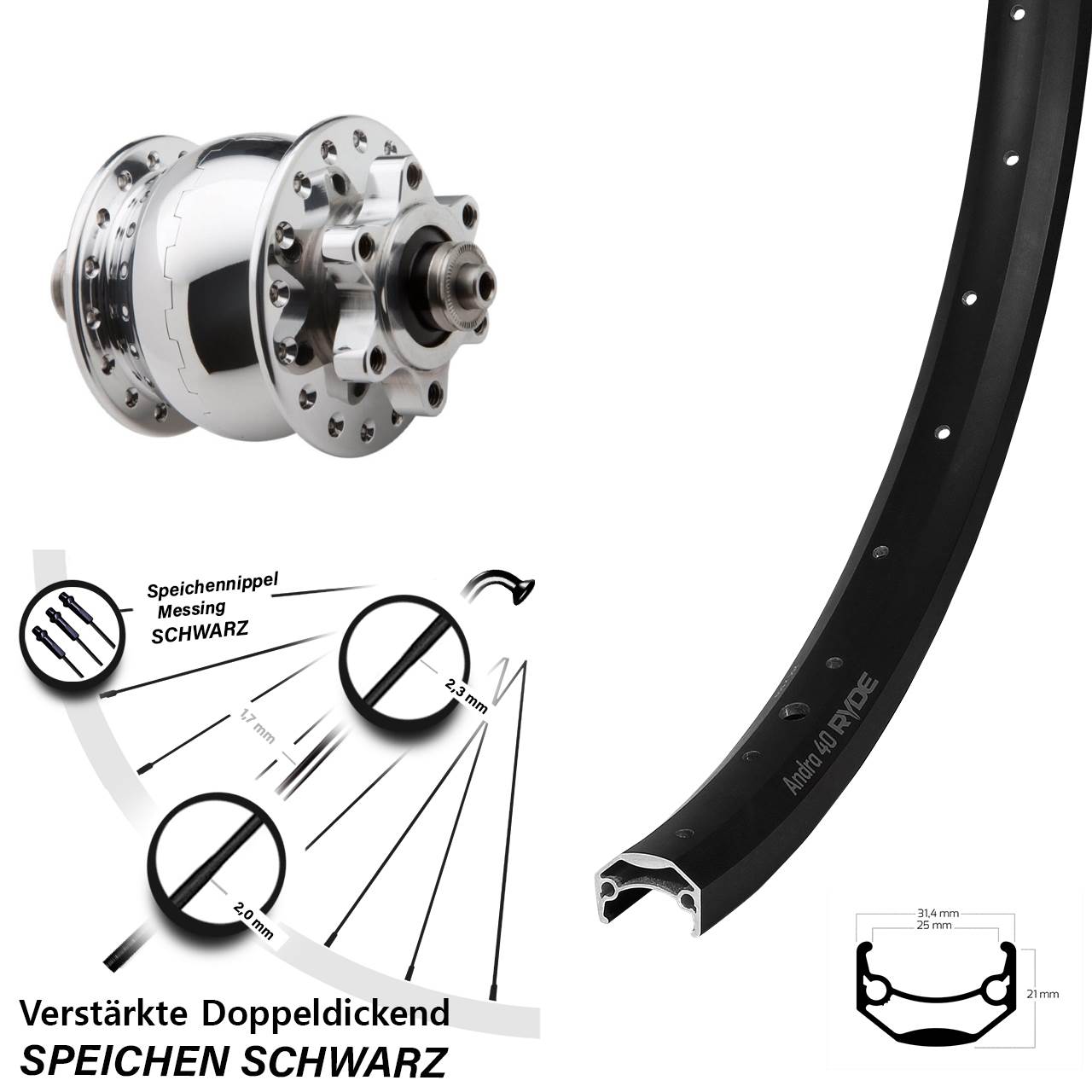 Disc Vorderrad mit Nabendynamo 20 Zoll Ryde Andra 40 SON 28 für Schnellspanner