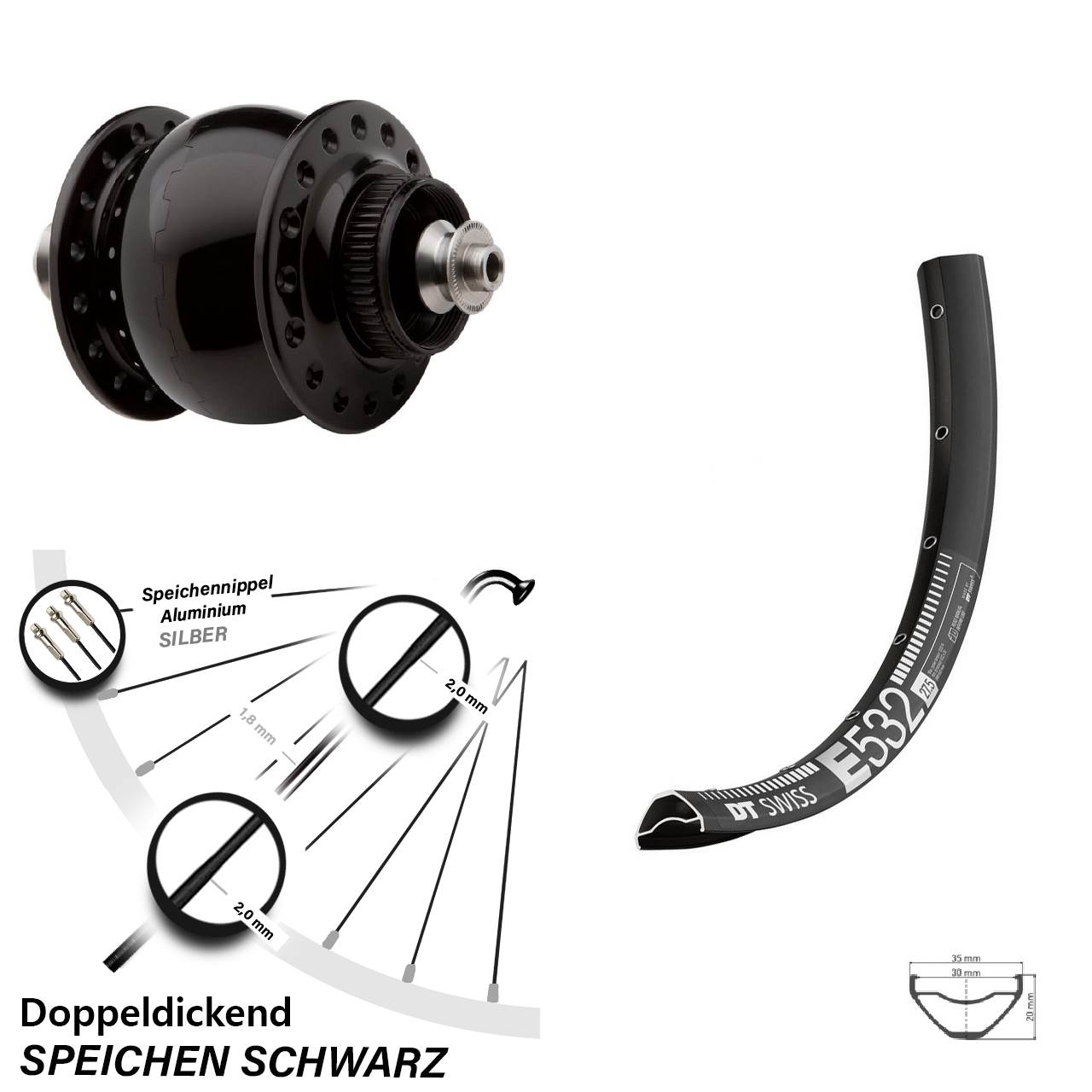 Nabendynamo-Vorderrad Centerlock 29 Zoll DT Swiss E532 SON 28 QR