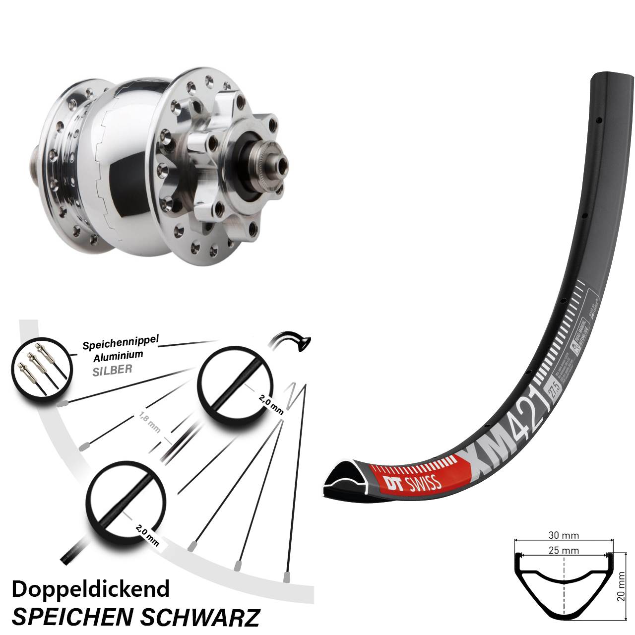 Disc Vorderrad mit Nabendynamo 650B DT Swiss XM 421 SON 28 für Schnellspanner