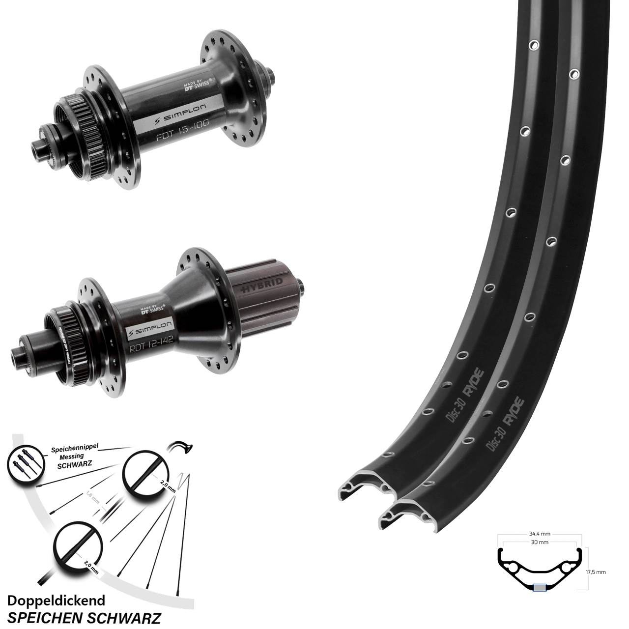 Laufradsatz 29 Zoll Ryde Disc 30 DT Swiss 370 Hybrid 8-11 fach HG QR