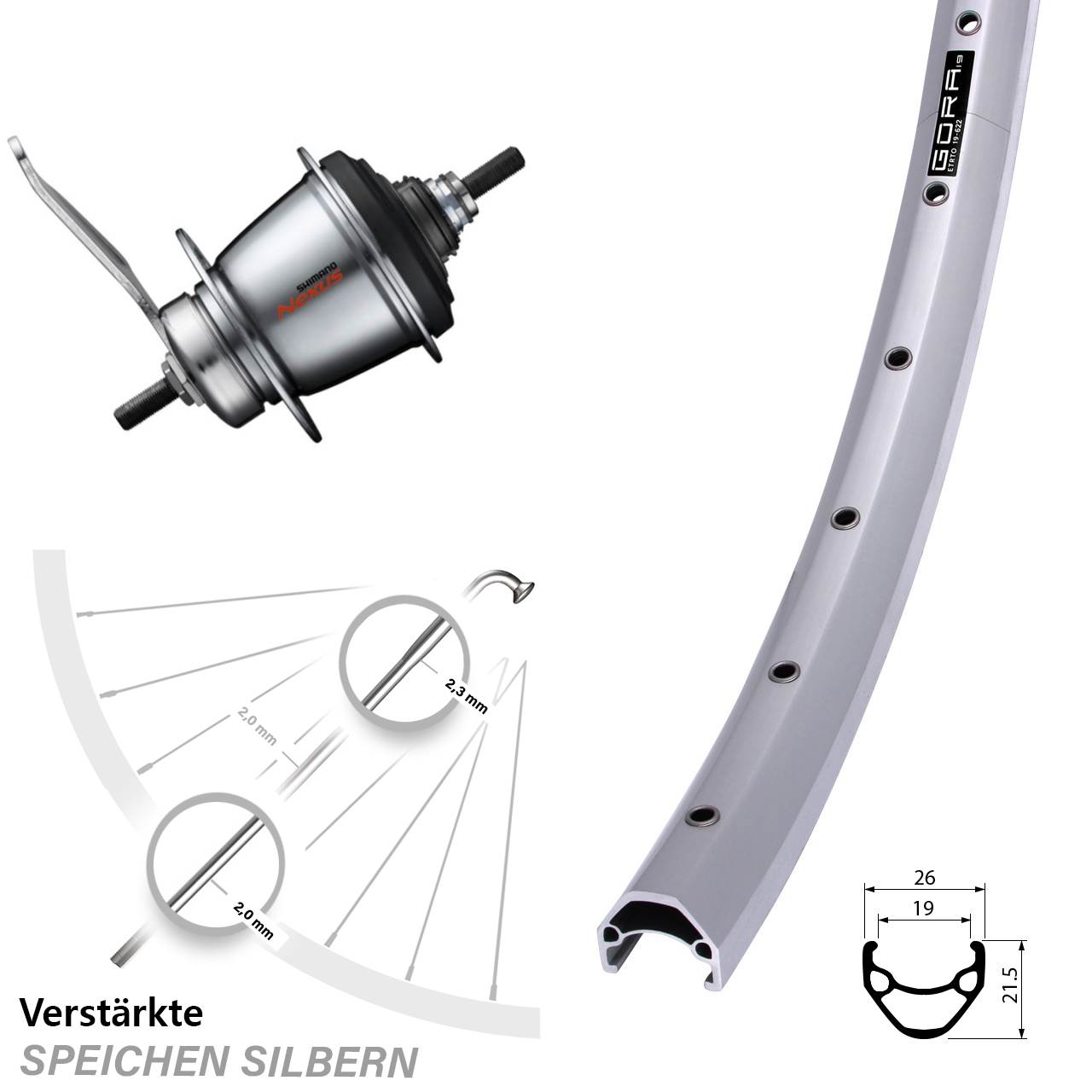 28 Zoll Hinterrad Shimano SG-C3001 7 Gang Nexus Gora 19 mit Rücktrittbremse