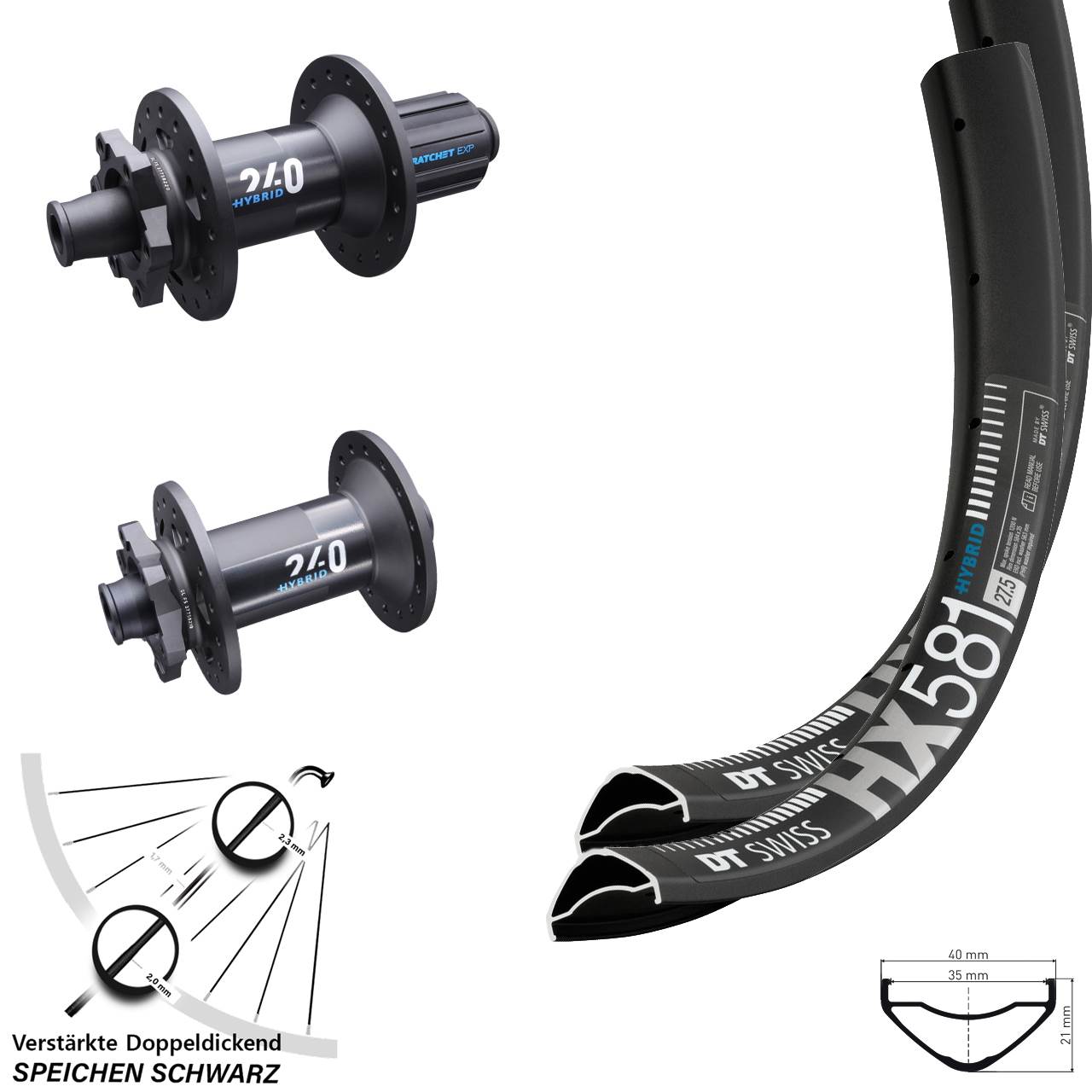Laufradsatz 27,5 Zoll DT Swiss HX 581-240 Hybrid 8-11 fach 15x110 12x148 Boost 6-Loch