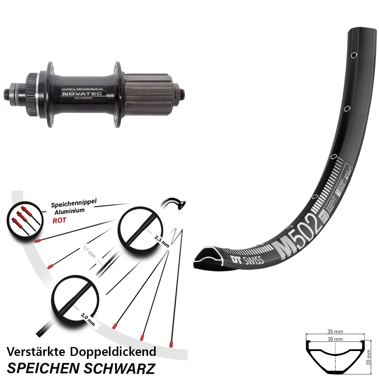 29 Zoll DT Swiss M 502 Novatec D472 Hinterrad Centerlock QR 8-12 fach HG