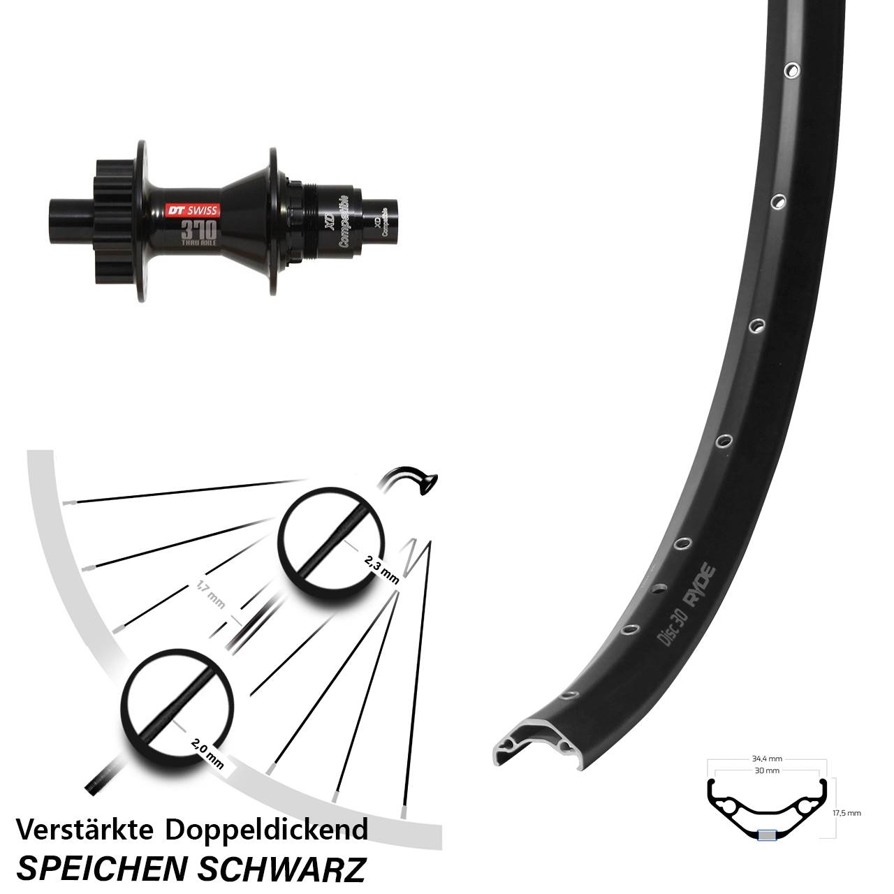 Ryde Disc 30 DT Swiss 370 29 Zoll Hinterrad 6-Loch 12x142 SRAM XD