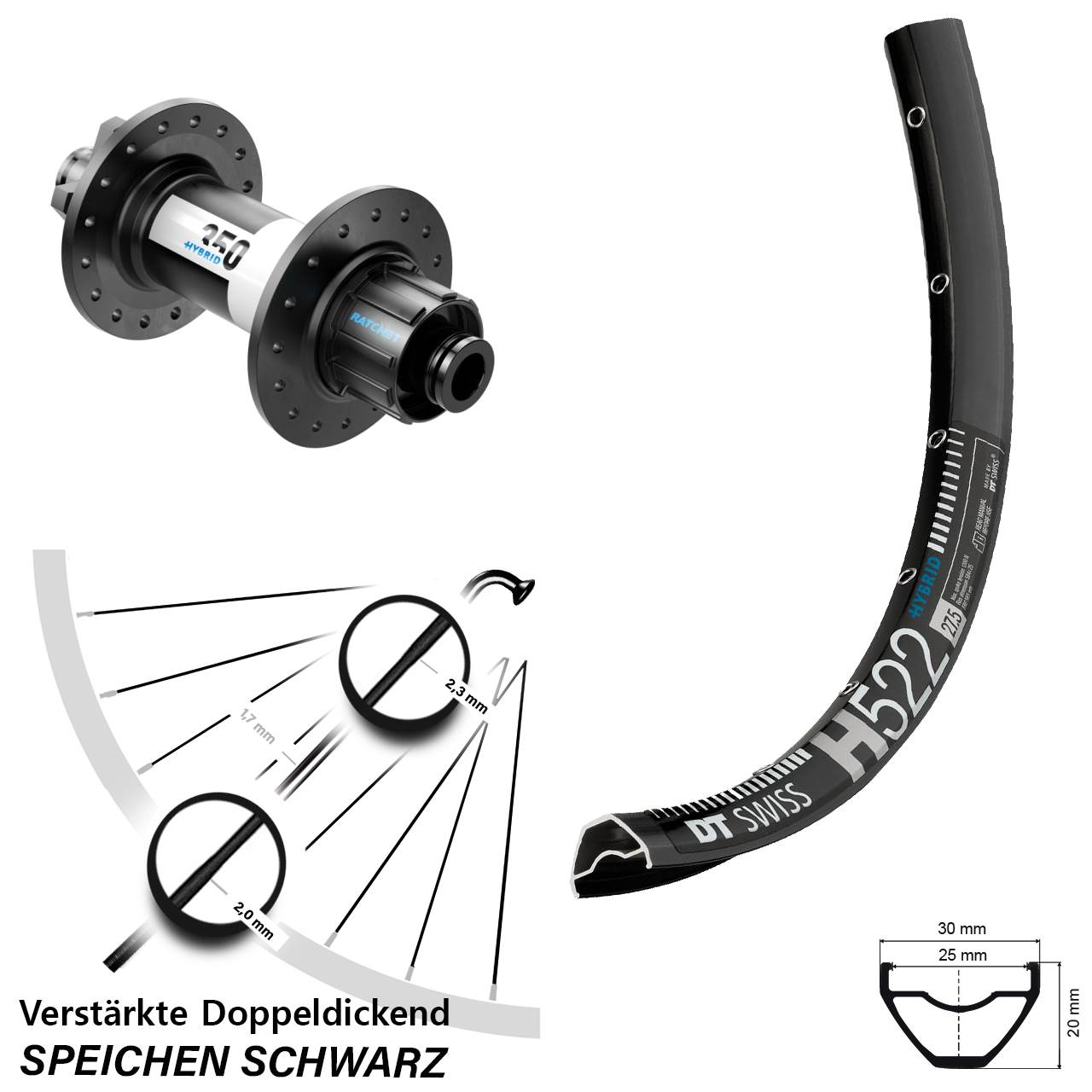 29 Zoll Hinterrad DT Swiss H 522 Disc-350 Hybrid 6-Loch 12/148 Singlespeed