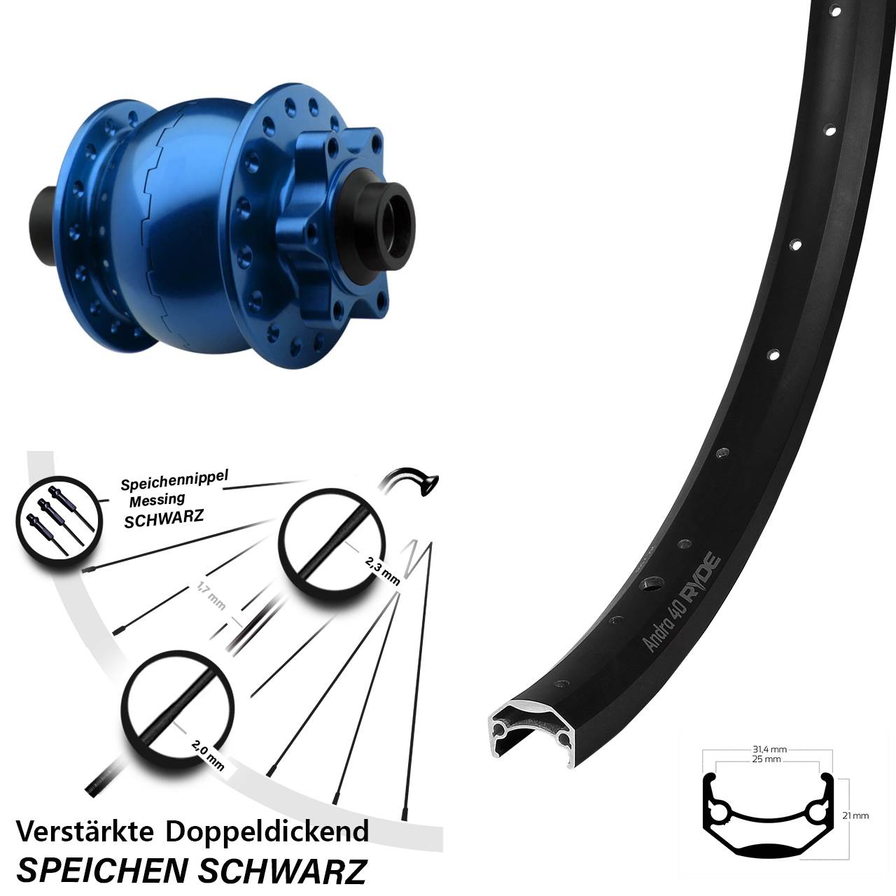 Disc Nabendynamolaufrad 15x100 20 Zoll Ryde Andra 40 SON 28 blau