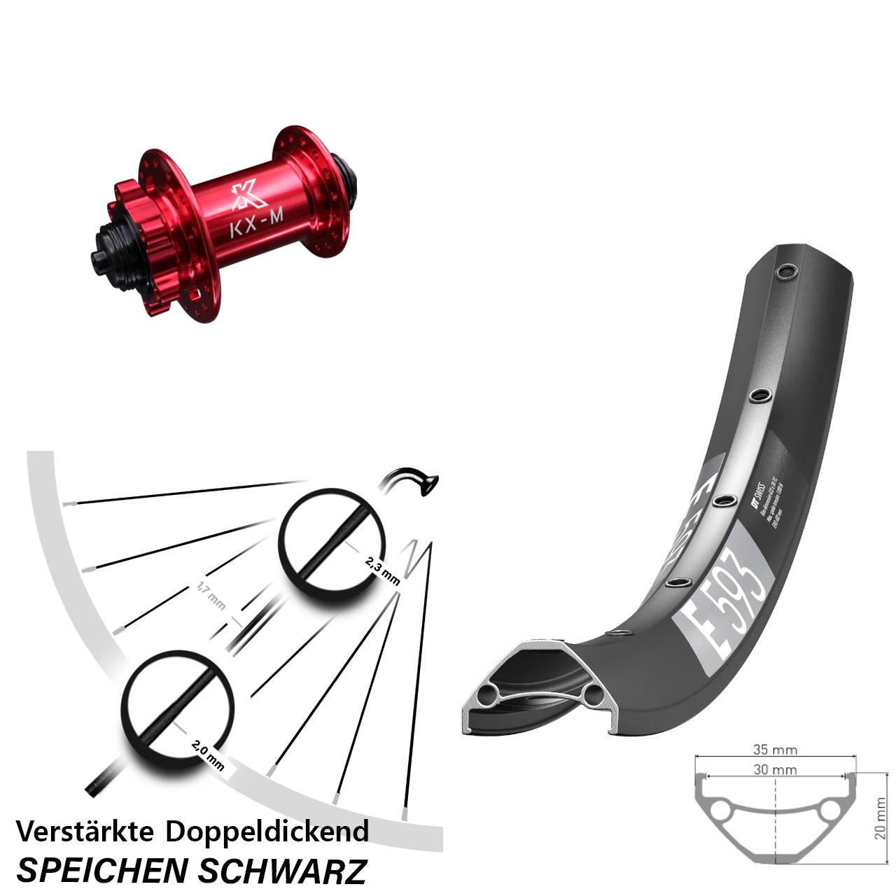 DT Swiss E593 KX-M rot 27,5 Zoll Disc Vorderrad für Schnellspanner