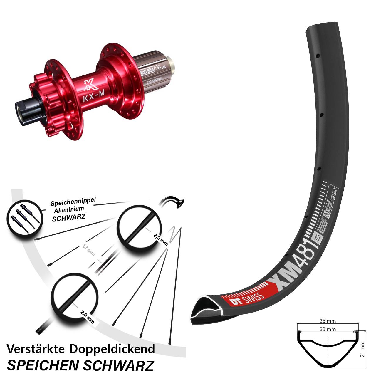 Hinterrad 6-Loch 12x142 27,5 Zoll DT Swiss XM 481 KX-M rot 8-12 fach