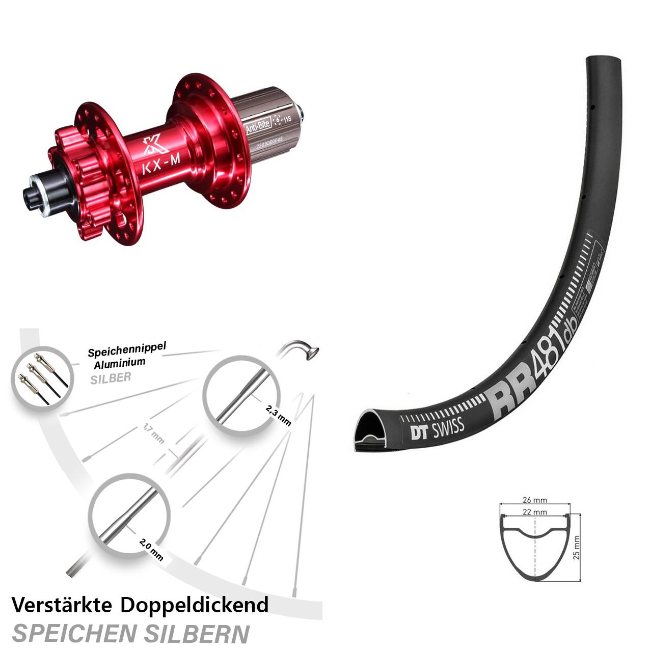 28 Zoll DT Swiss RR481 KX-M rot Hinterrad 6-Loch QR 8-12 fach