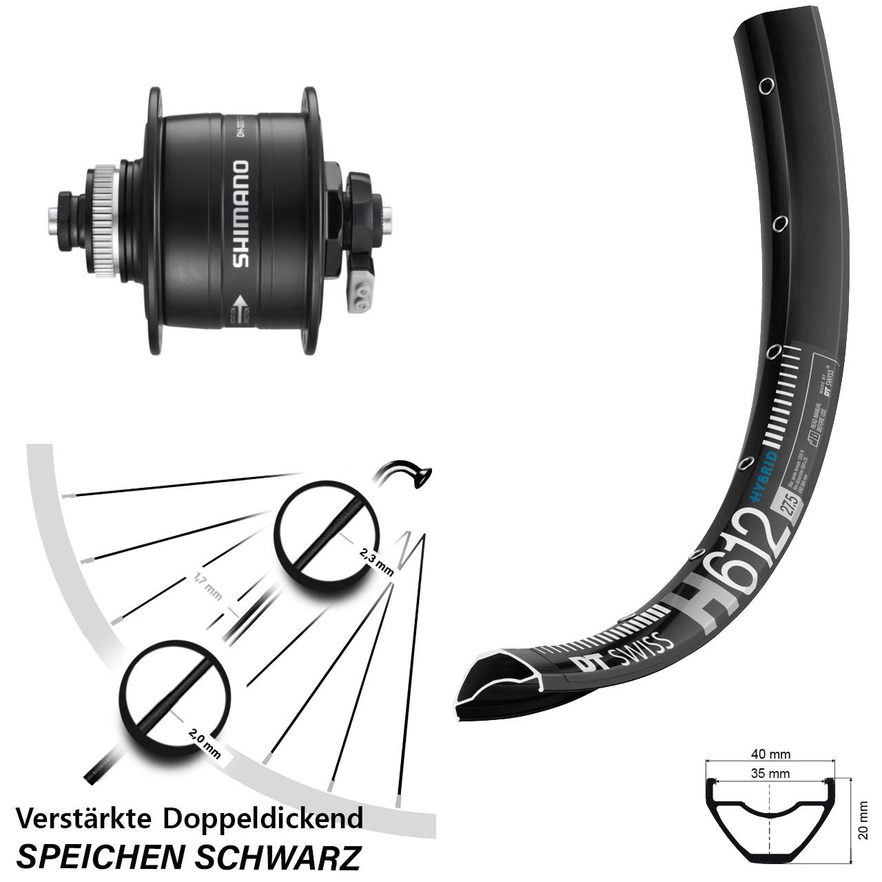 27,5 Zoll DT Swiss H 612 Shimano DH-3D37 Disc Nabendynamovorderrad QR