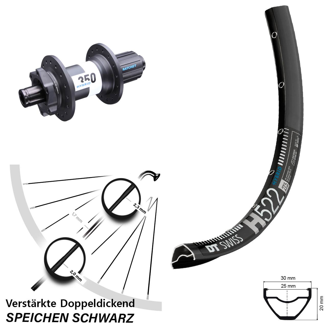 27,5 Zoll Hinterrad H 522 DT Swiss 350 Hybrid Boost 12x148 mm Shimano HG 11-fach E-Bike