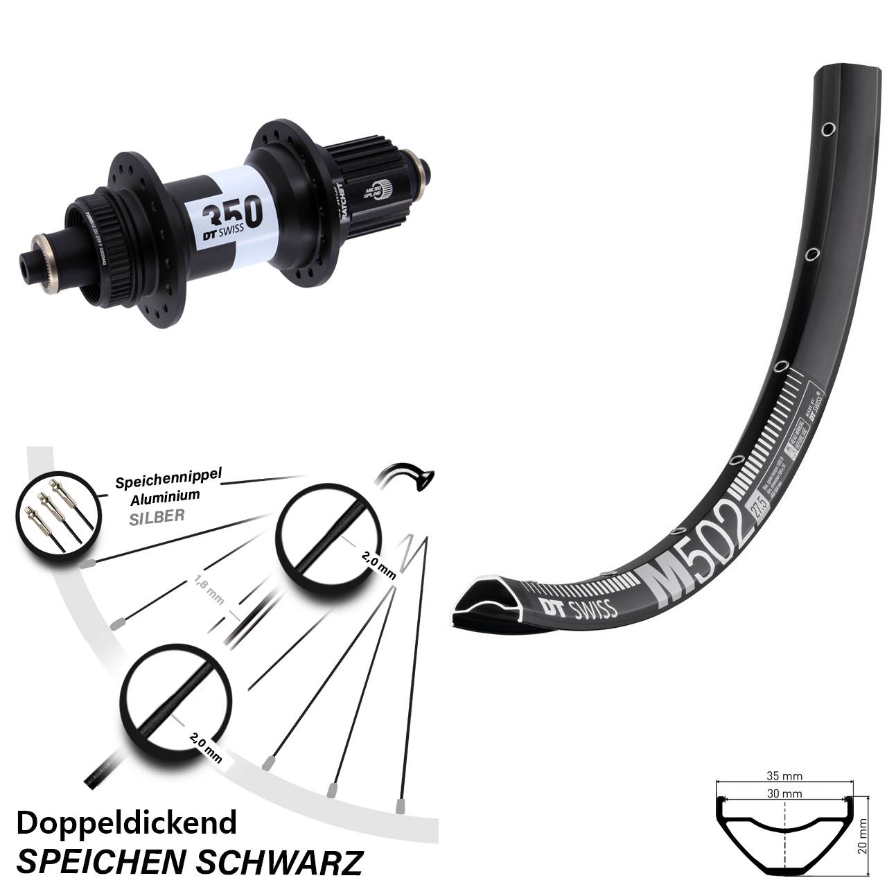 29 Zoll DT Swiss M 502-350 Hinterrad Centerlock für Schnellspanner Shimano Micro Spline