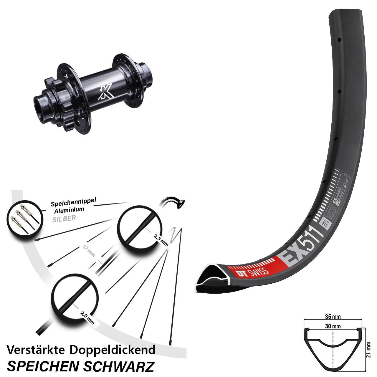 6-Loch Vorderrad 27,5 Zoll DT Swiss EX 511 KX-M Steckachse 20x110 (DH alt)