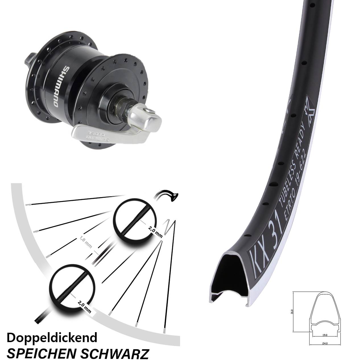 Nabendynamolaufrad QR 28 Zoll KX31 Shimano DH3N72 schwarz