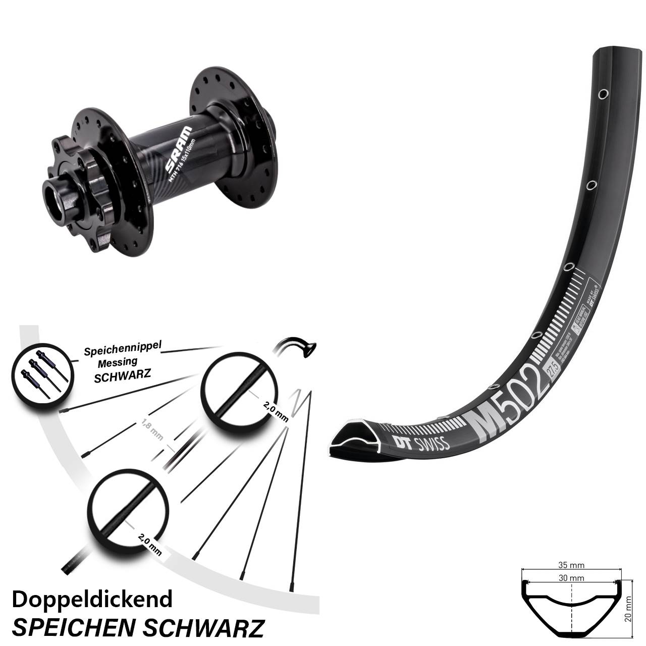 Vorderrad 6-Loch 29 Zoll DT Swiss M502 Sram 716 15x110 Boost