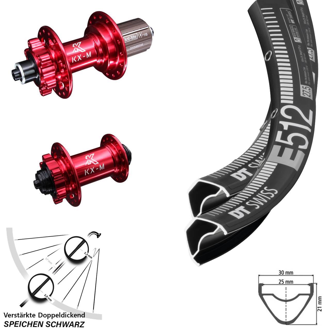 DT Swiss E512 KX-M rot 6-Loch 29 Zoll Laufradsatz für Schnellspanner 8-12 fach HG