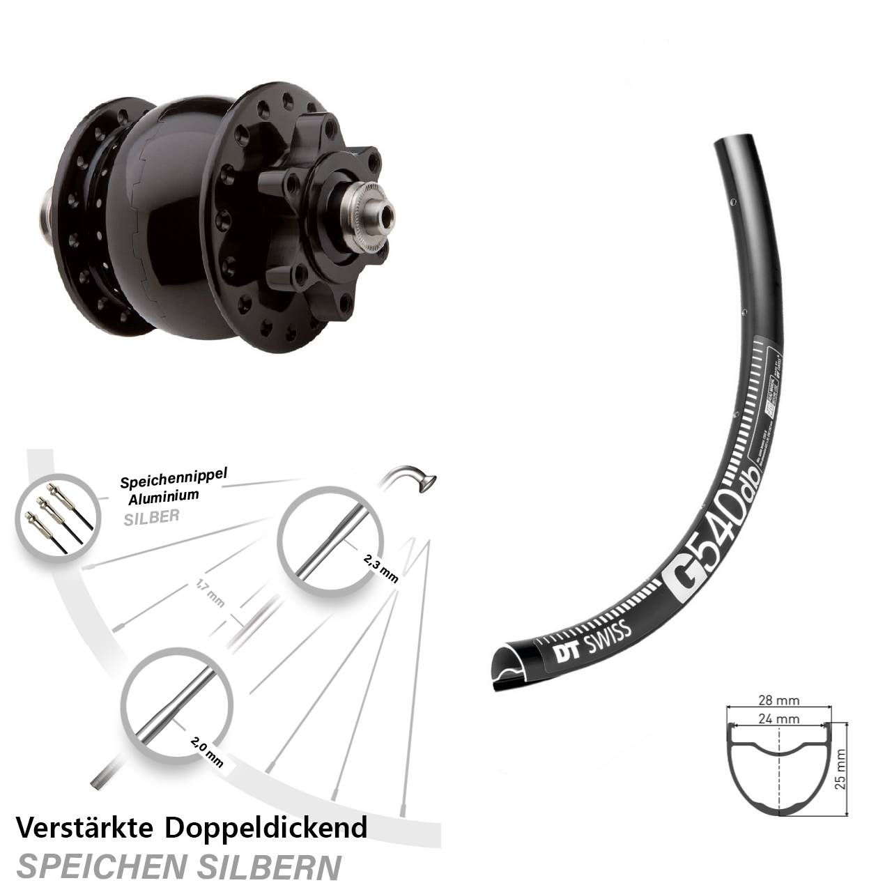 SON 28 Disc 6-Loch Zoll DT Swiss G 540 Nabendynamolaufrad für Schnellspanner