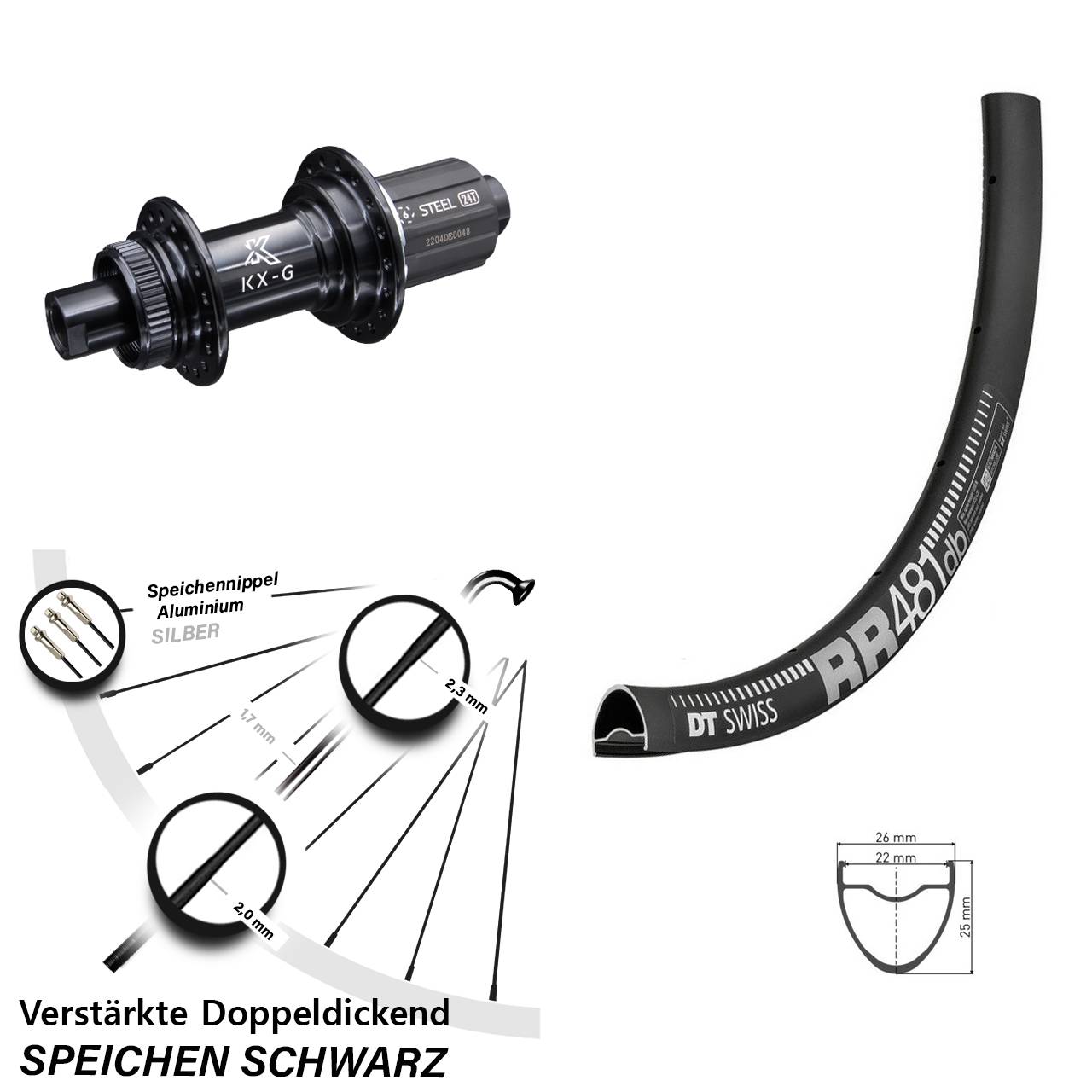 28 Zoll Hinterrad Road Disc KX-GS 12x142 Centerlock DT Swiss RR 481 DB Shimano 8-12 fach