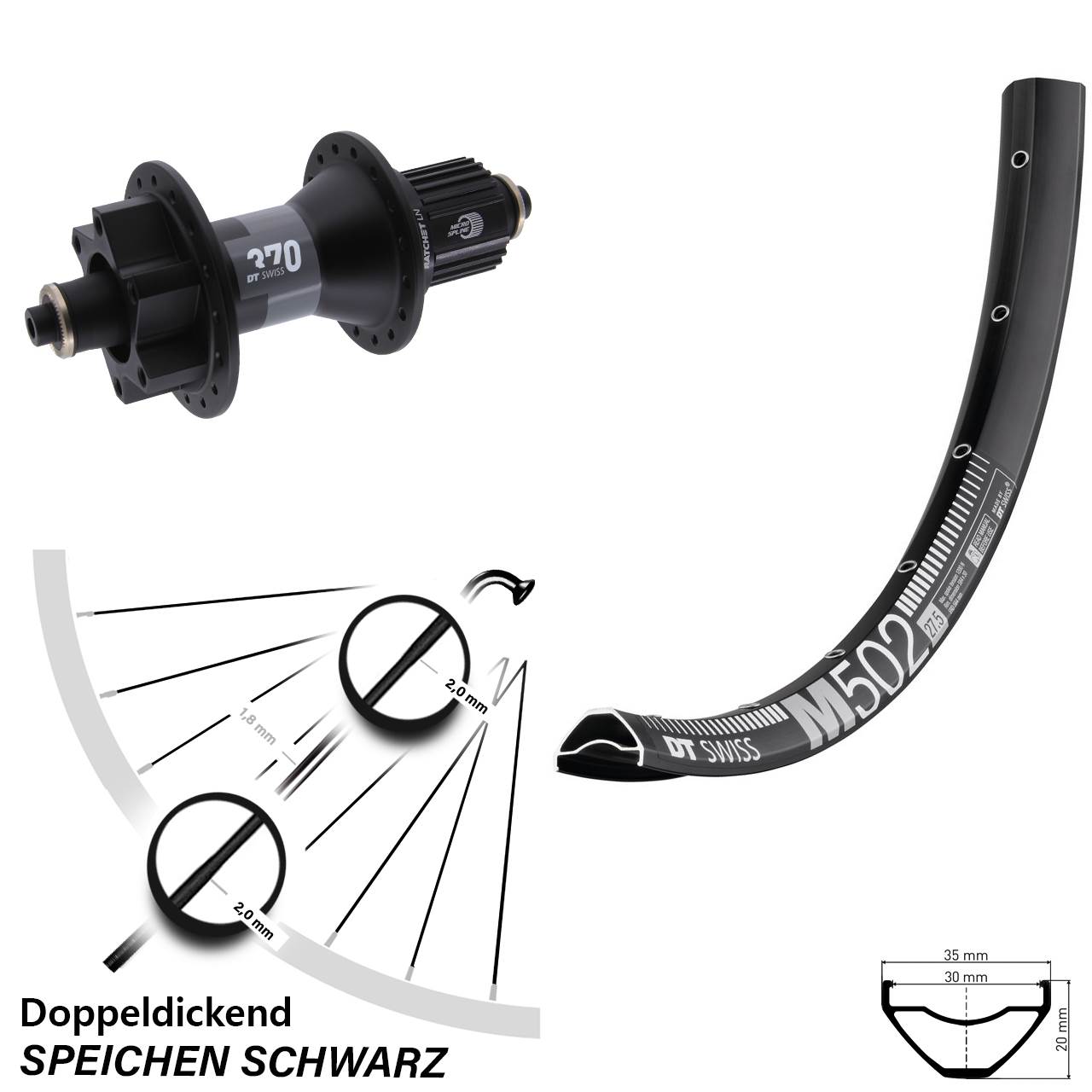 6-Loch Hinterrad QR 27,5 Zoll DT Swiss M 502-370 Shimano Micro Spline