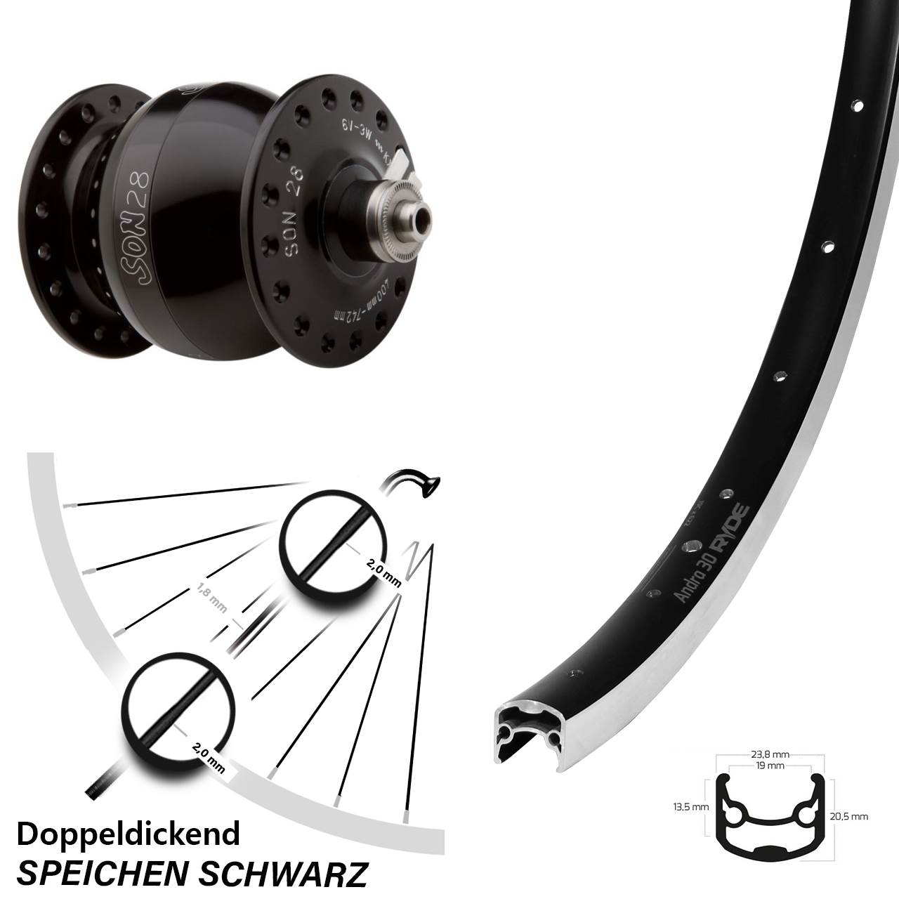 26 Zoll Ryde Andra 30 Nabendynamo Vorderrad SON 28 schwarz