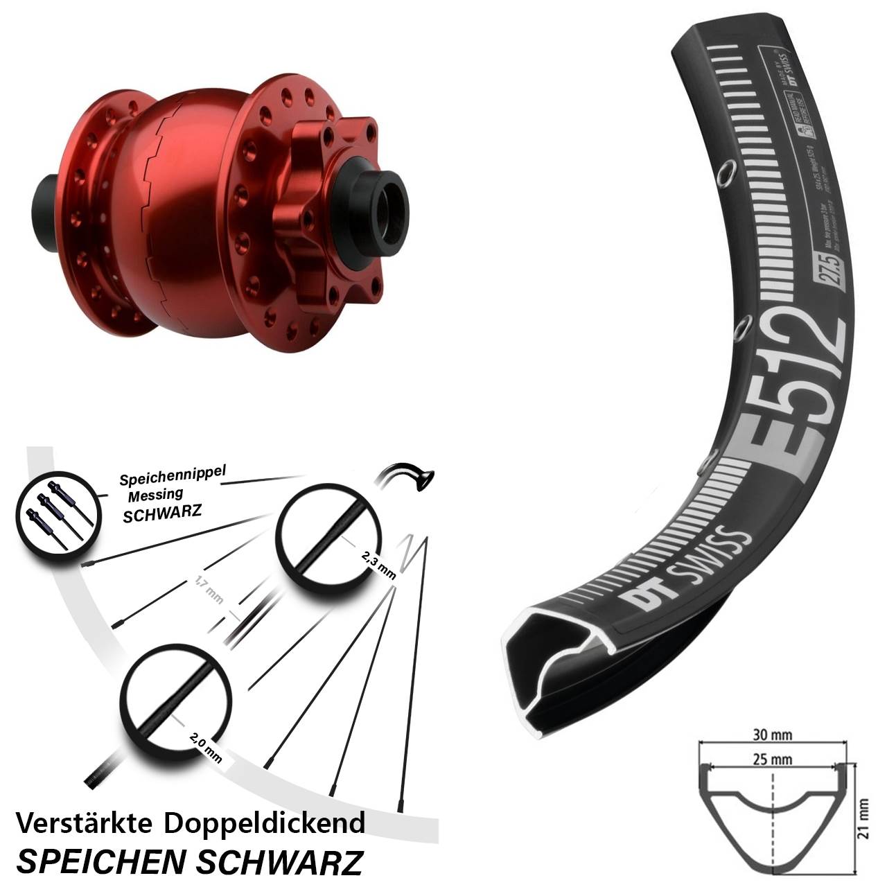 Vorderrad 27,5 Zoll DT Swiss E 512 SON 28 15x100 6-Loch rot eloxiert