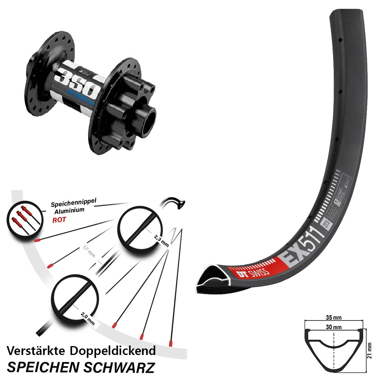 Vorderrad 6-Loch 29 Zoll DT Swiss EX 511-350 Hybrid 15x110 Boost