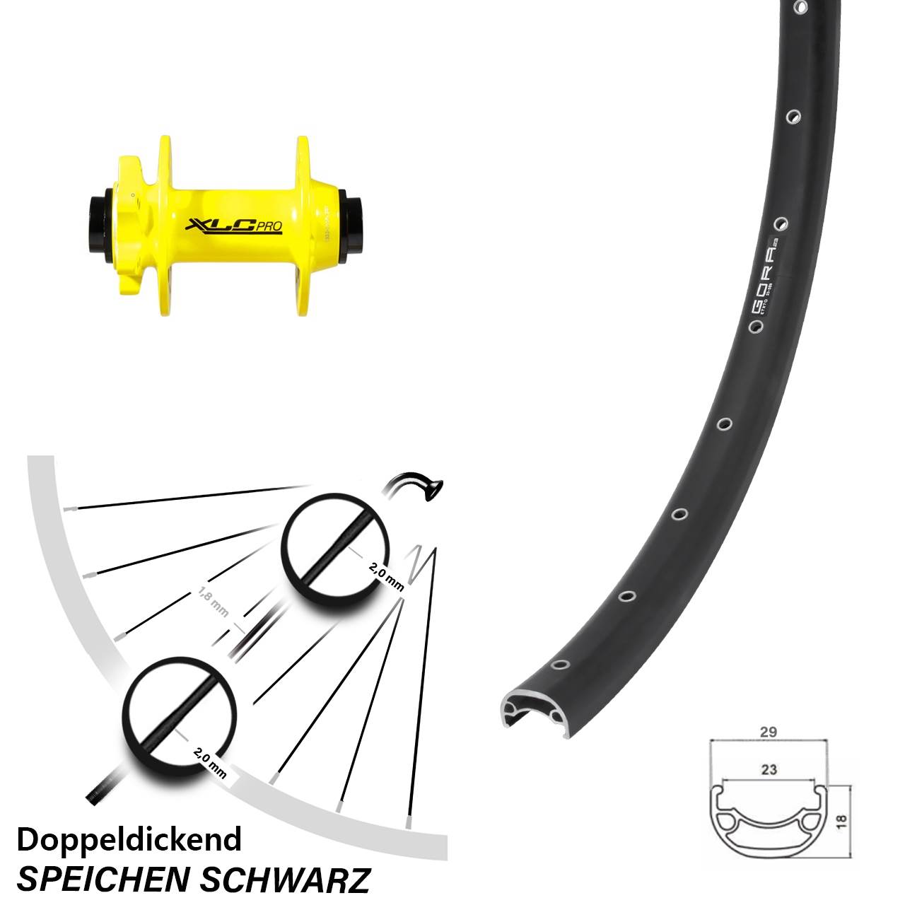 Disc Vorderrad 26 Zoll Gora 23 XLC gelb 15x100