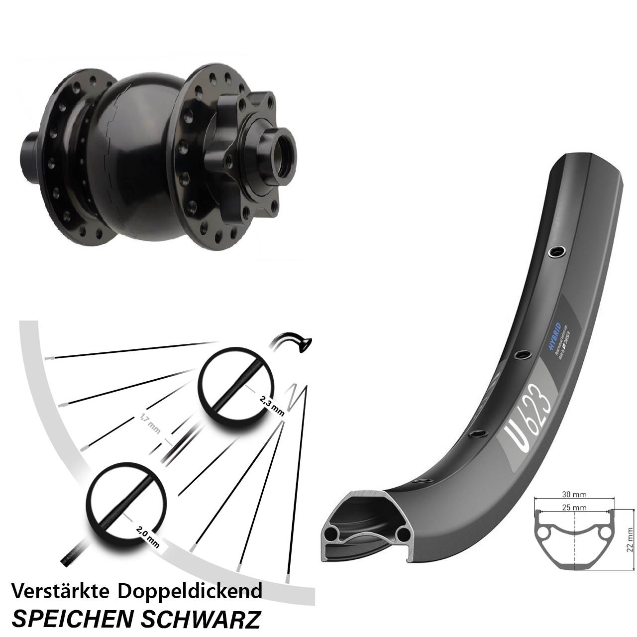 Nabendynamovorderrad 6-Loch 28-29 Zoll DT Swiss U623 SON 28 15x110 Boost
