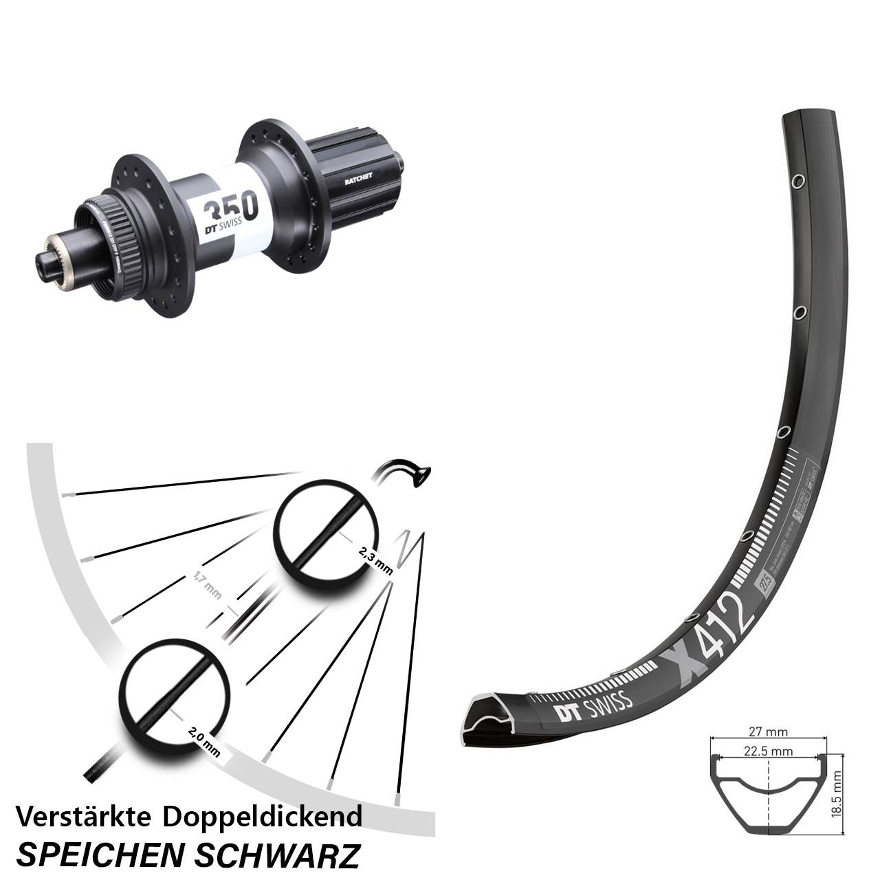 DT Swiss X 412-350 Ratchet 36 29 Zoll Hinterrad QR 8-11 fach