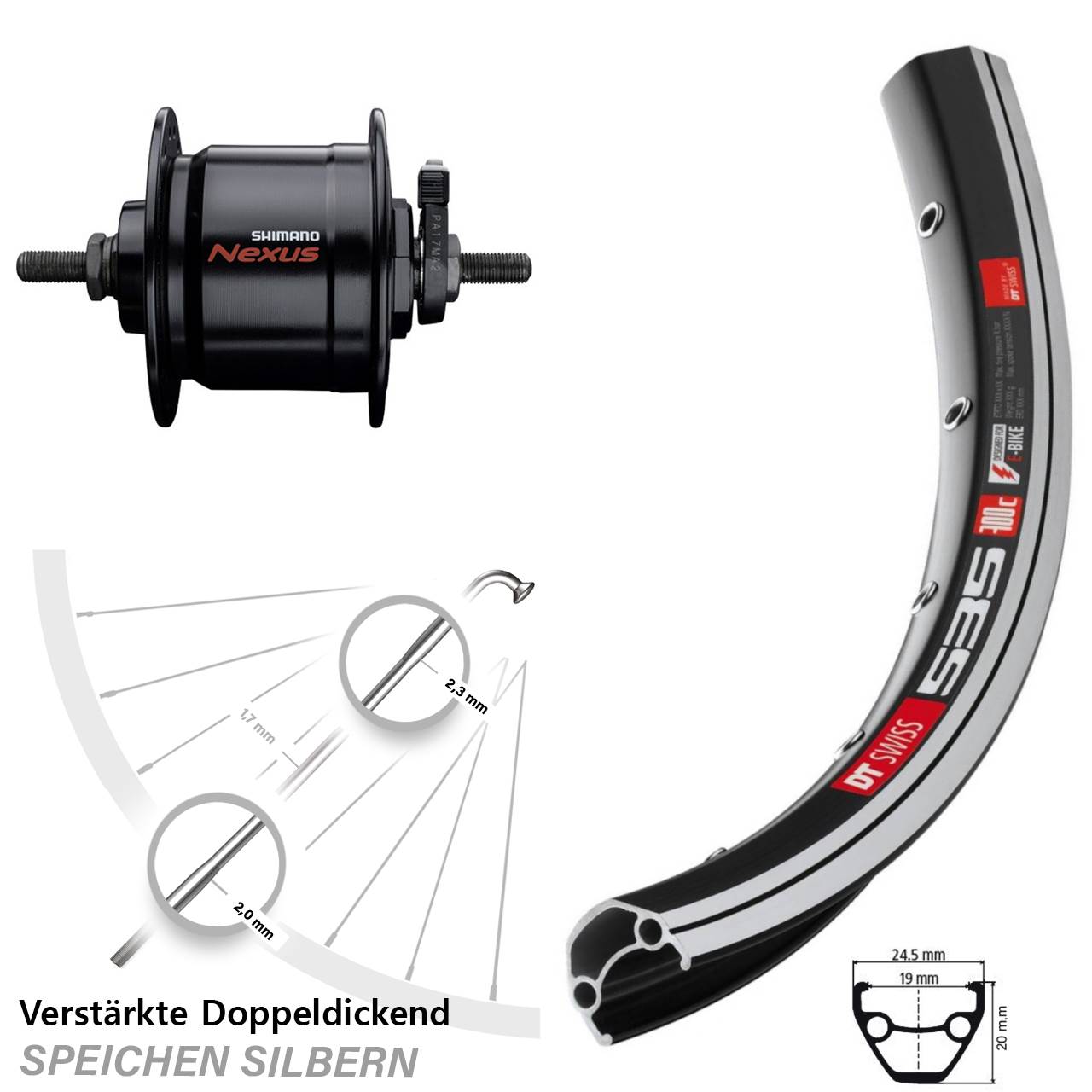 26 Zoll DT Swiss 535 Shimano DH-C3000-3N Nabendynamovorderrad Vollachse