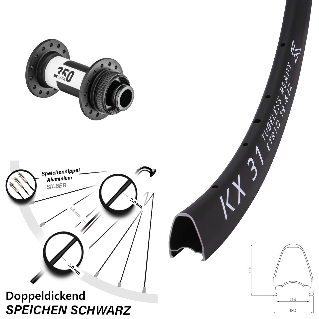 28 Zoll KX 31 DT Swiss 350 Vorderrad Centerlock 15x100