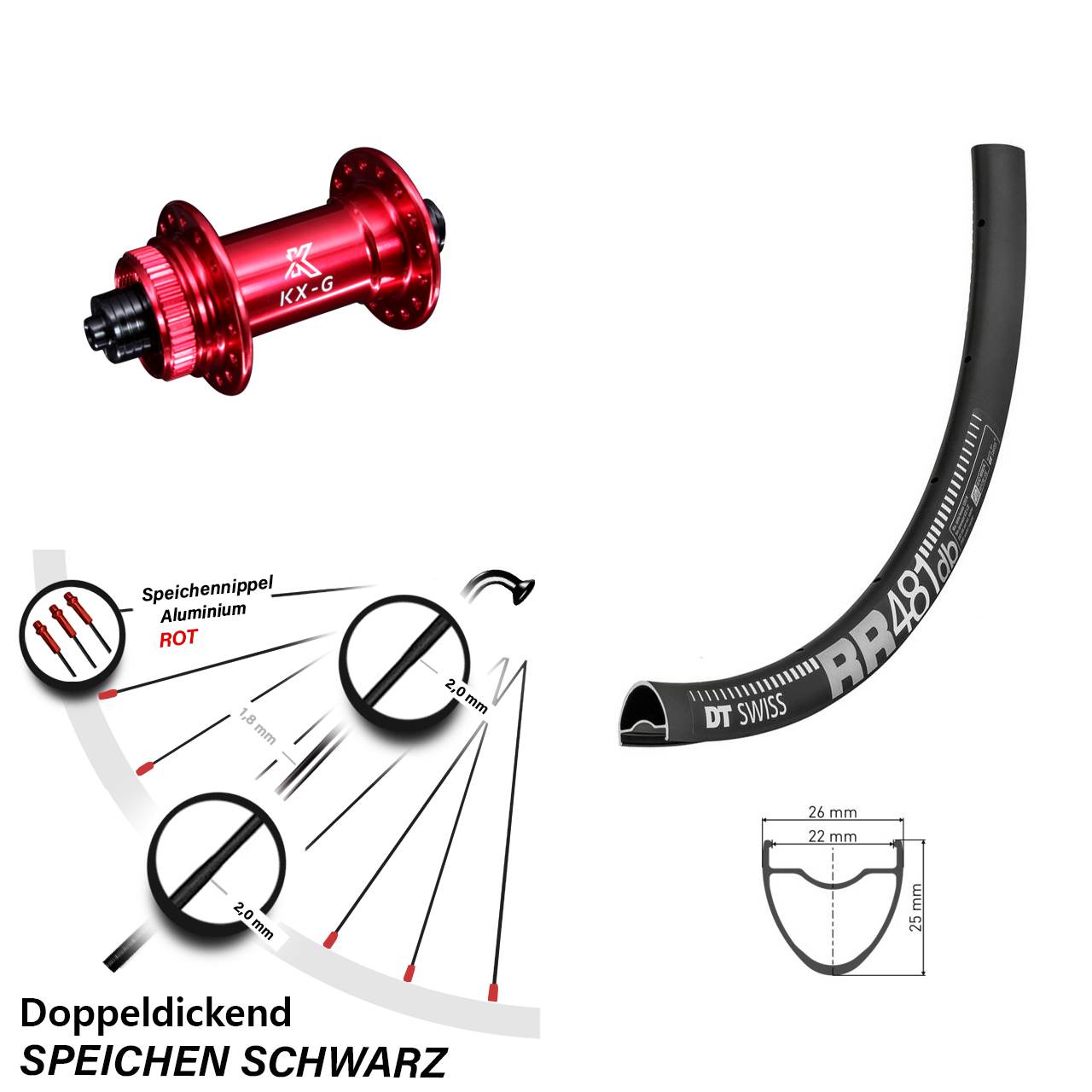 28 Zoll Vorderrad DT Swiss RR 481 DB mit KX-G Nabe rot-eloxiert