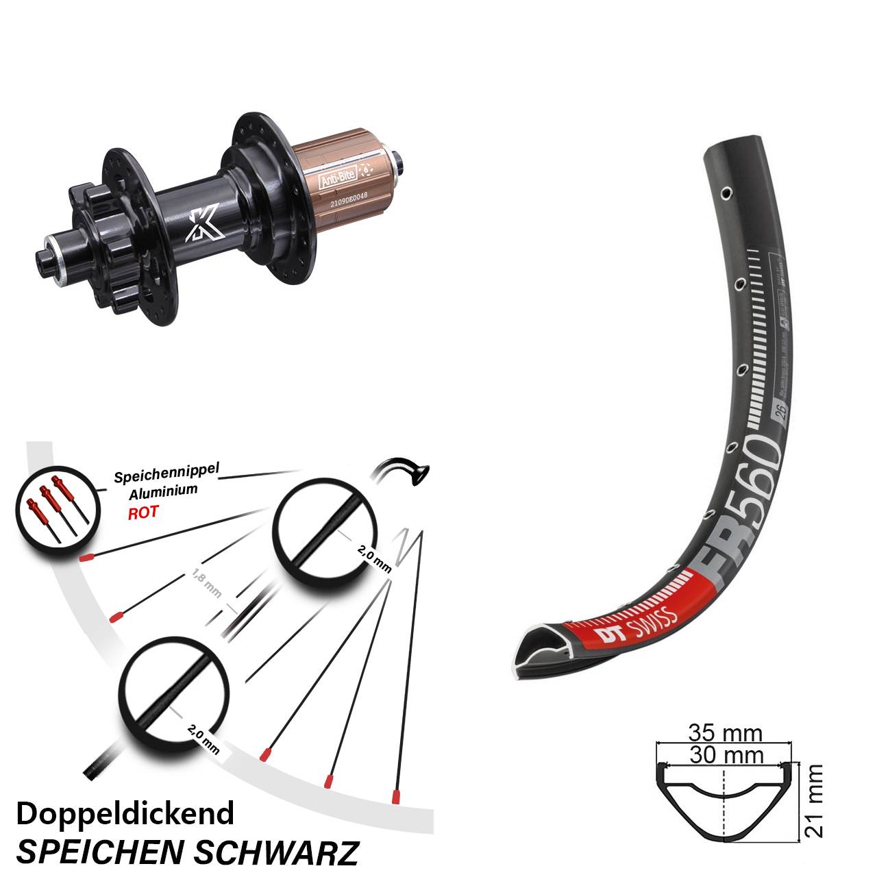 26 Zoll DT Swiss FR560 KX-M Hinterrad 6-Loch QR 8-12 fach