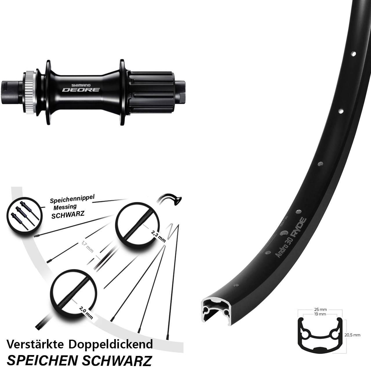 Disc Laufrad 12x142 28 Zoll Ryde Andra 30 Disc Shimano Deore FH-M6010 8-11 fach