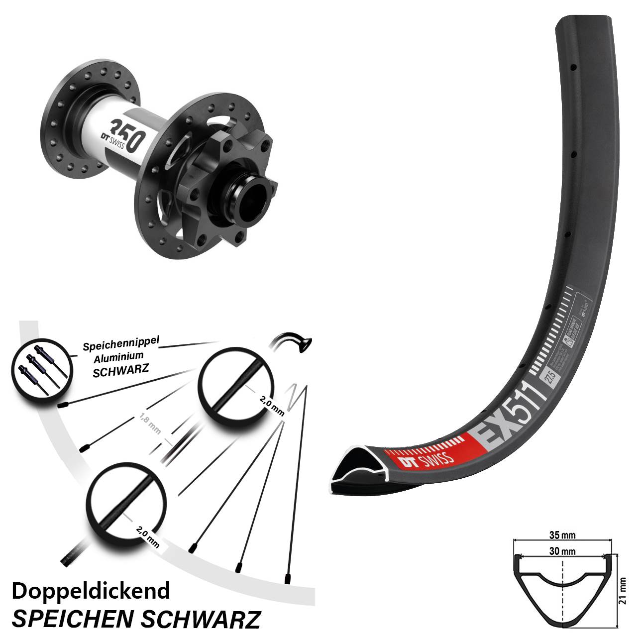 Vorderrad 6-Loch 27,5 Zoll DT Swiss EX 511-350 15x110 Boost