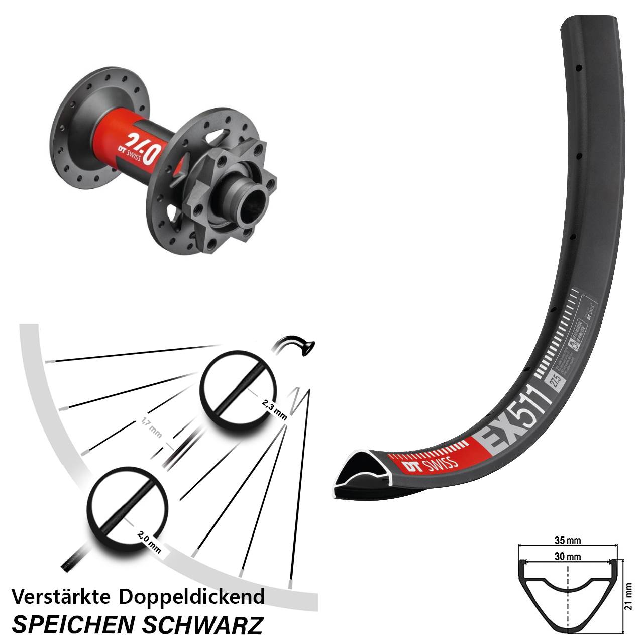 Vorderrad 6-Loch 27,5 Zoll DT Swiss EX511-240 15x110 Boost