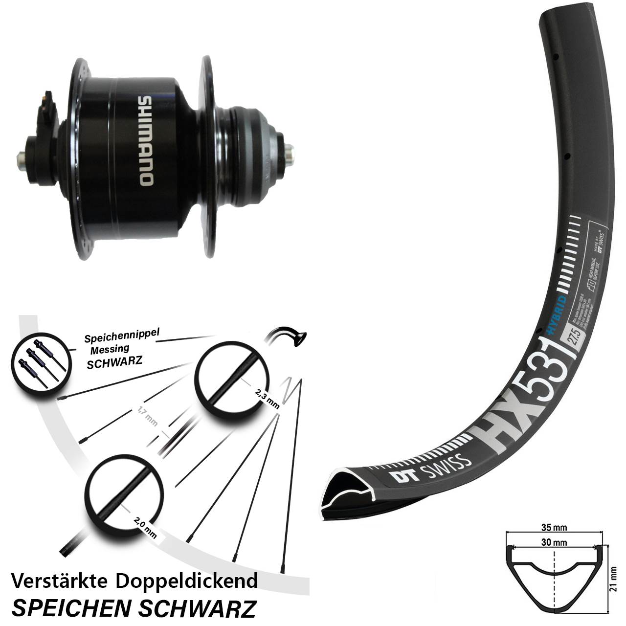 Disc Nabendynamovorderrad 29 Zoll DT Swiss HX 531 Shimano DH-3D72 für Schnellspanner