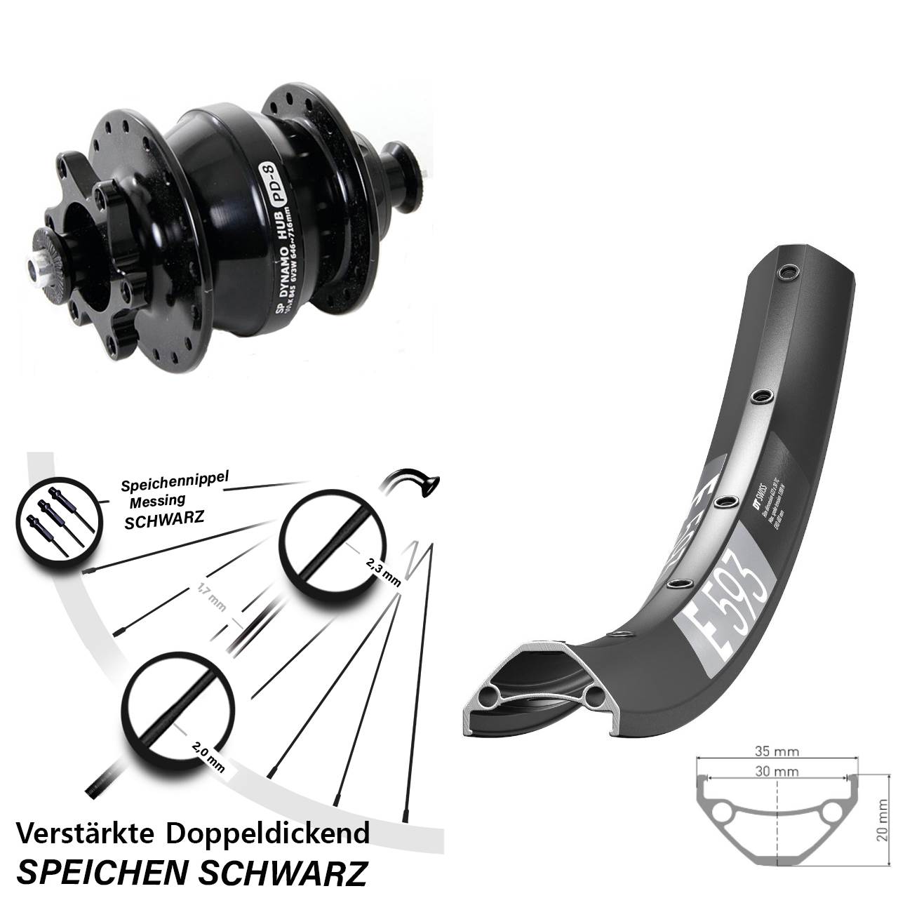 Disc Nabendynamolaufrad QR 650B DT Swiss E593 Shutter PD-8