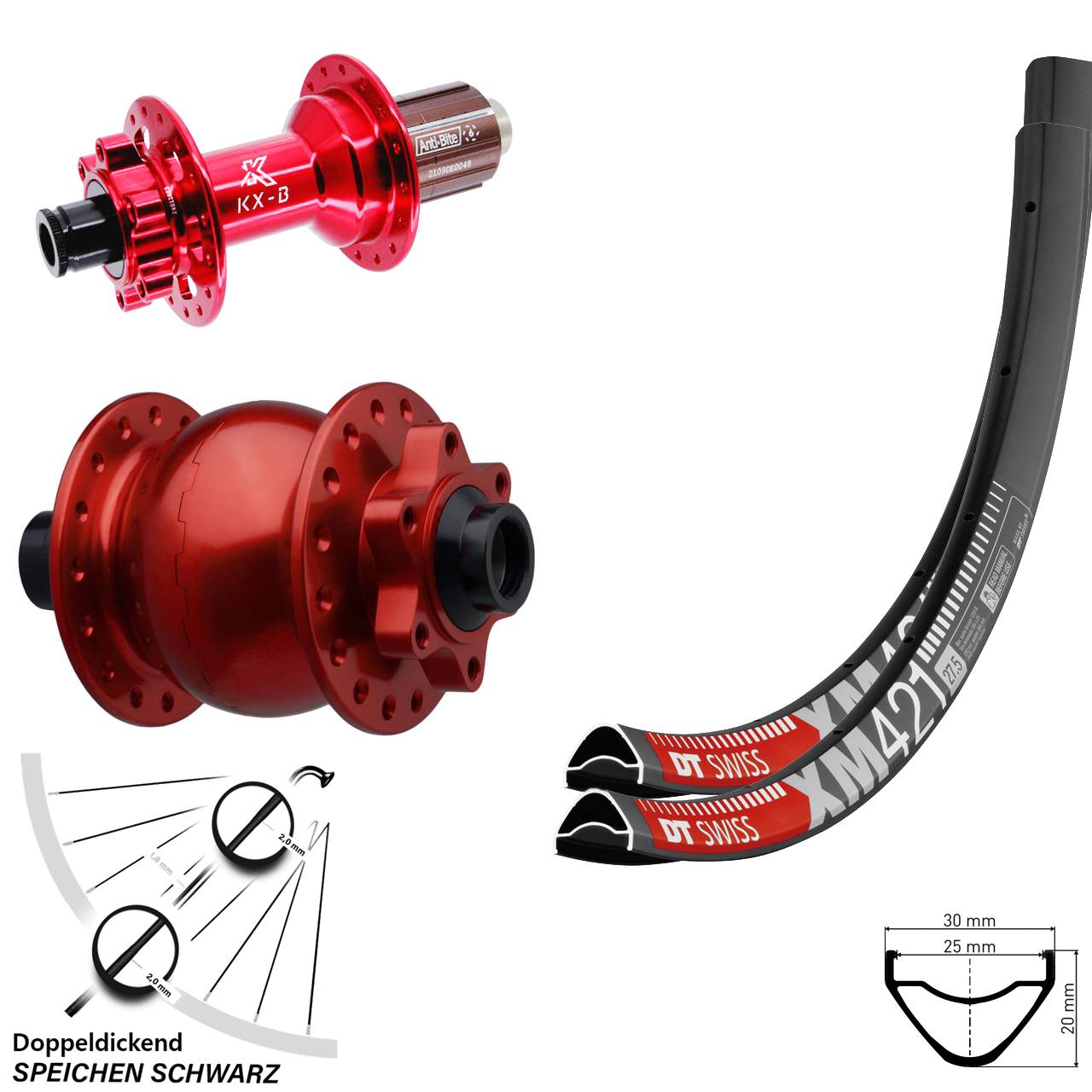 27,5 Zoll DT Swiss XM 421 KX-B rot SON 28 Disc Laufrad-Satz 15x110 12x148 8-12 fach