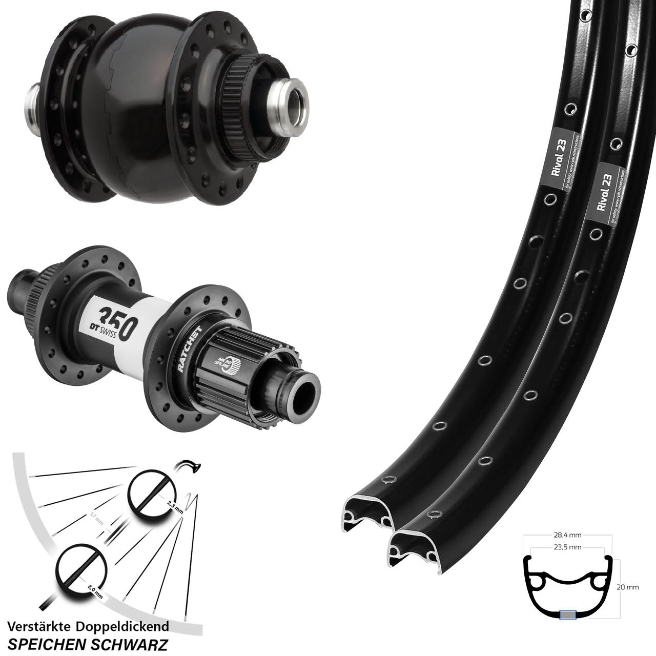 27,5 Zoll Ryde Rival 23 SON 28 DT Swiss 350 Micro Spline Centerlock Laufradsatz 12x100/142