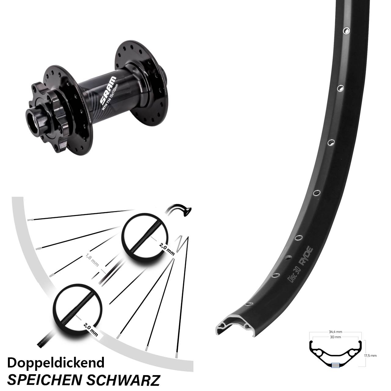 29 Zoll Ryde Disc 30 Sram 716 Laufrad 15x110 Boost
