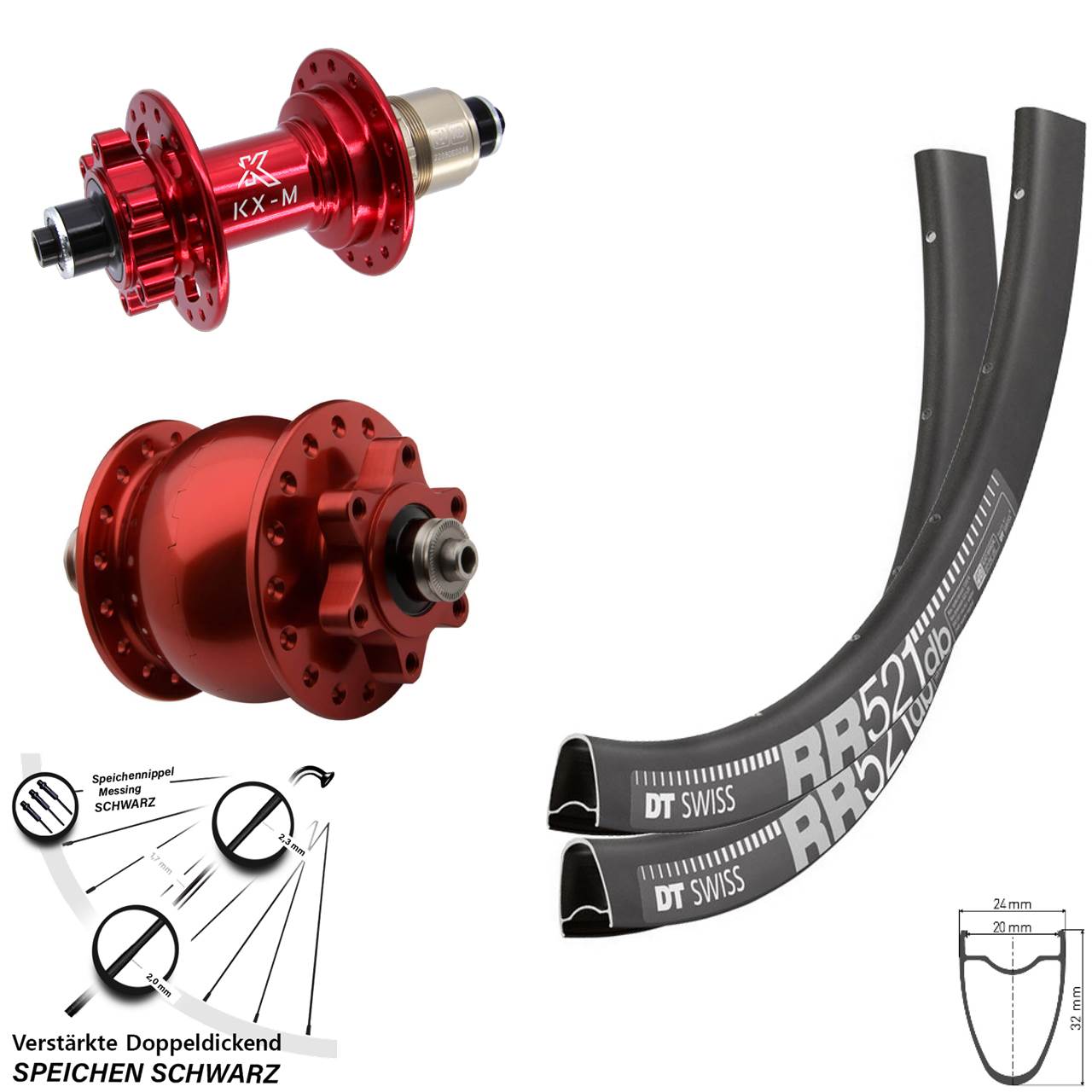 DT Swiss RR 521 KX-M SON 28 Zoll 6-Loch Disc Laufradsatz rot QR XD