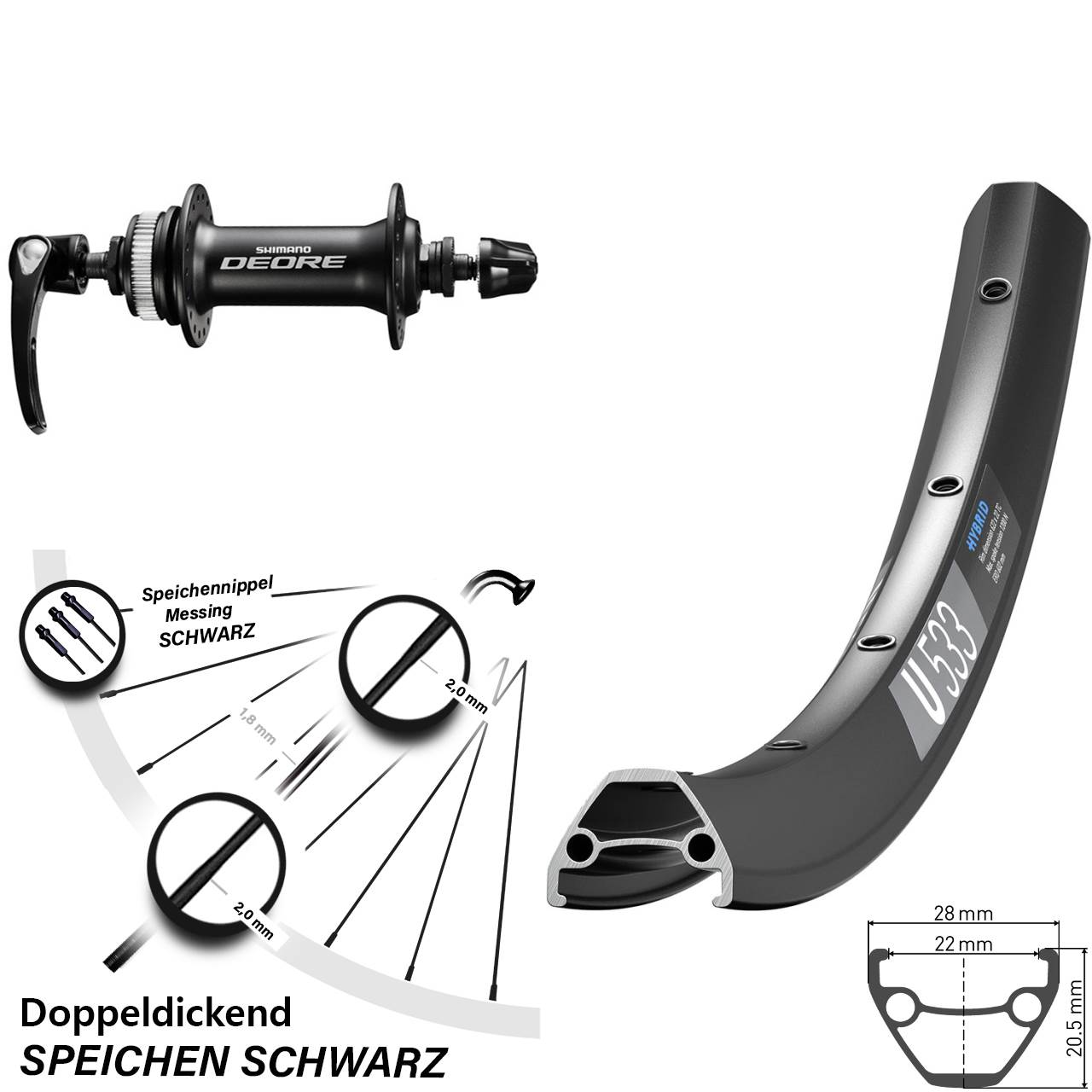 Centerlock Vorderrad 28 Zoll DT Swiss U533 Shimano Deore QR