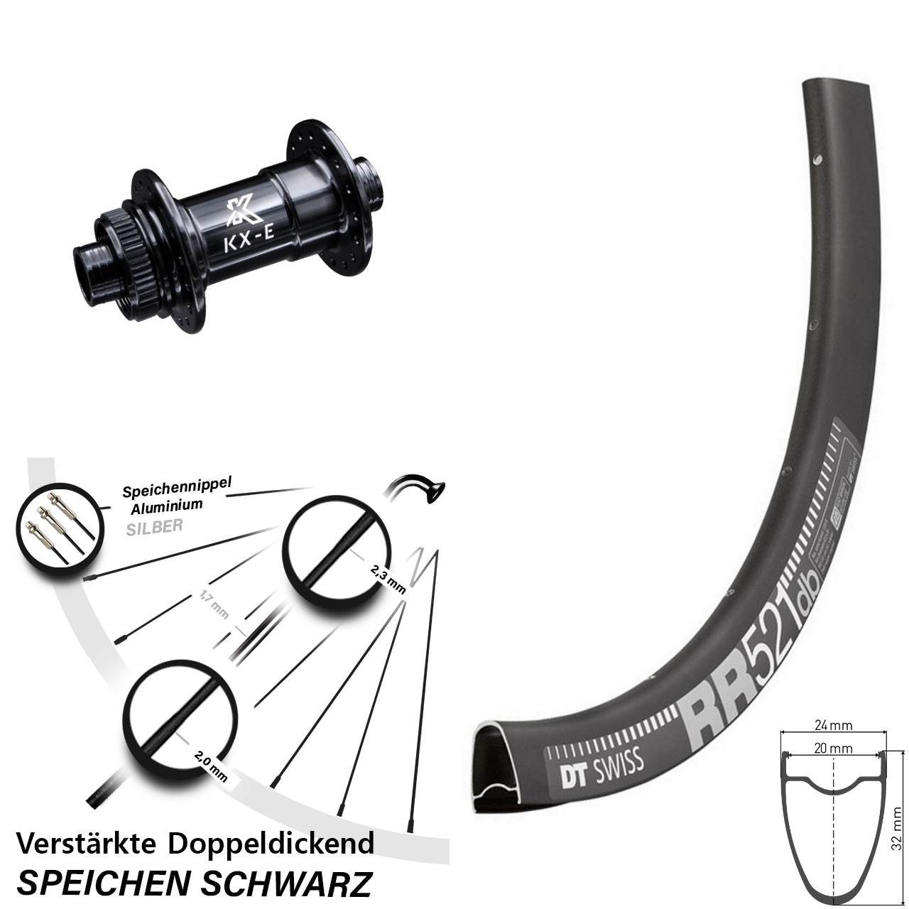 Vorderrad Centerlock 15x100 28 Zoll DT Swiss RR521 KX-E 4-fach gelagert