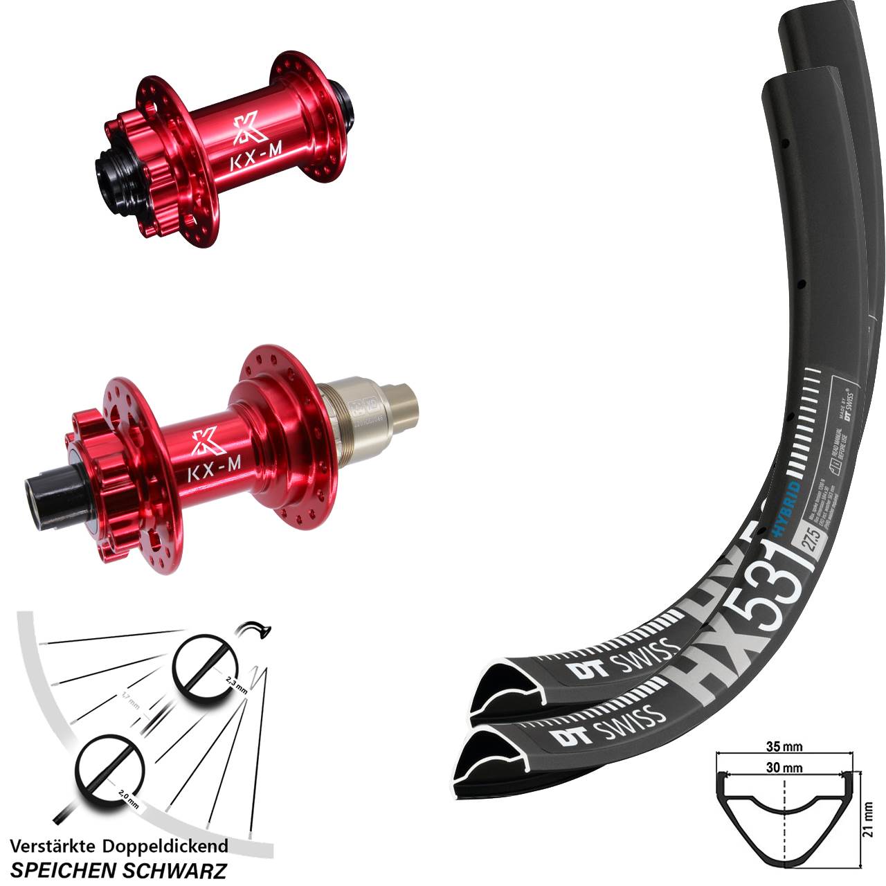 DT Swiss HX531 KX-M rot 29 Zoll Laufradsatz 6-Loch 15x100 12x142 SRAM XD