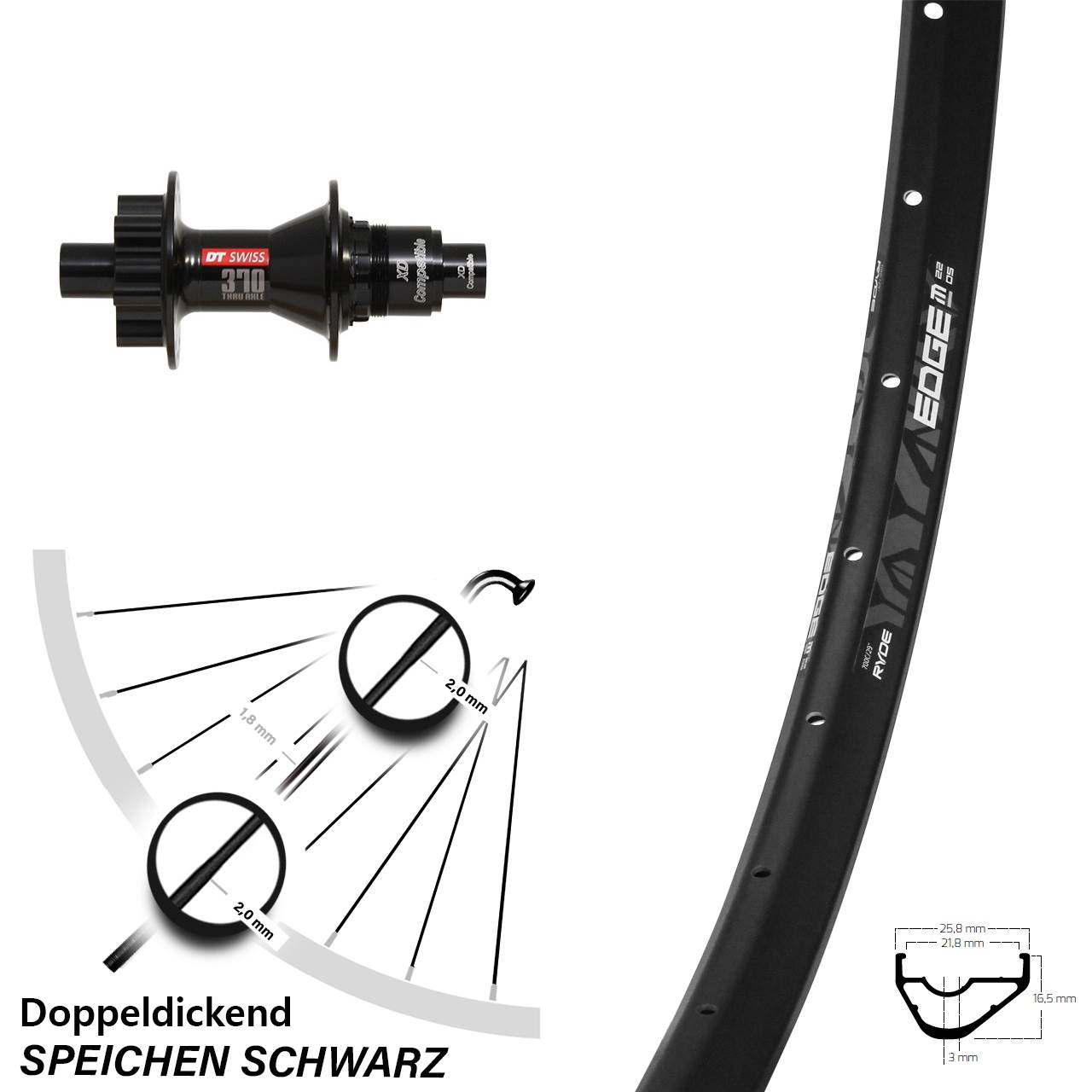 Ryde Edge M22 OS Hinterrad 29 Zoll mit DT Swiss 370 Nabe Sram XD