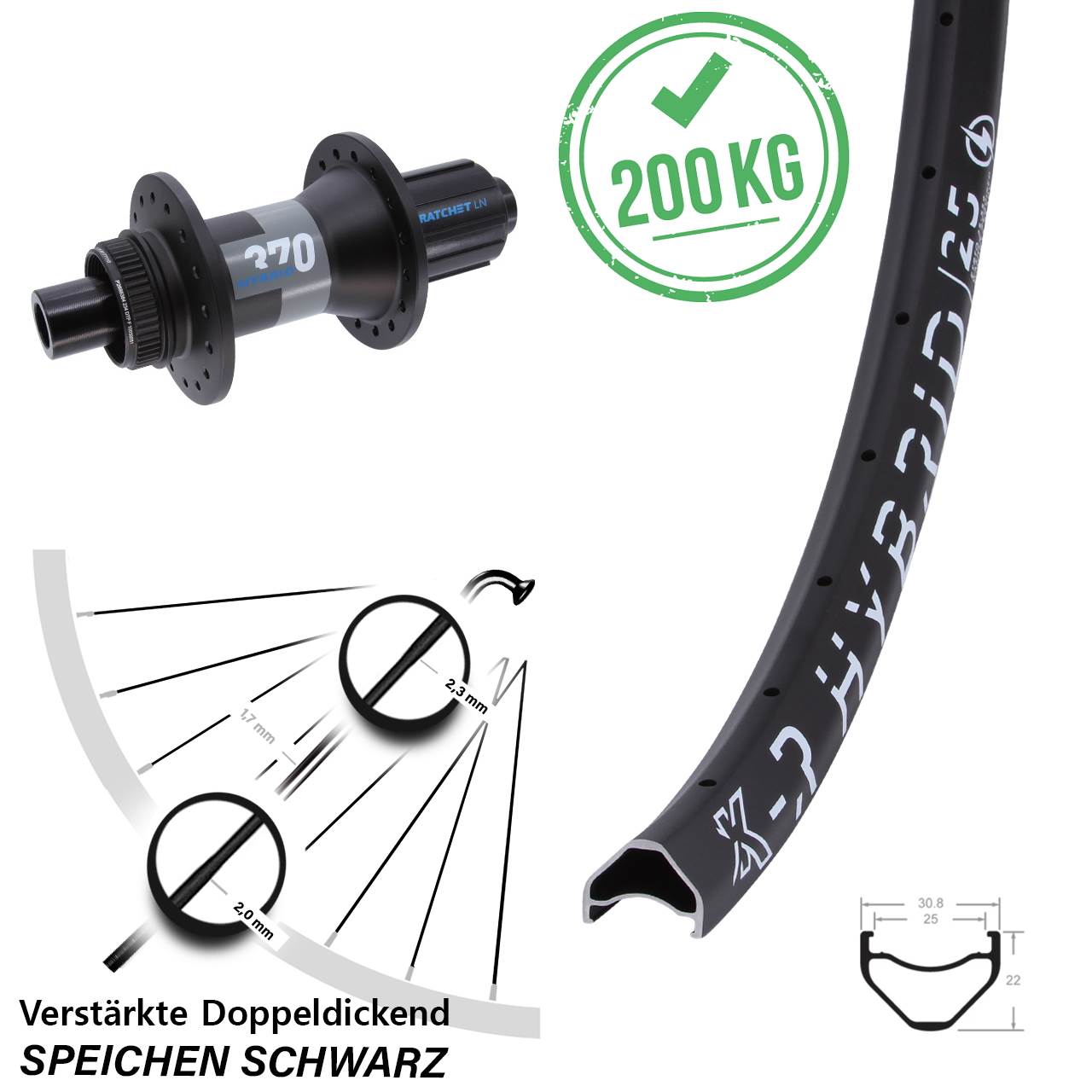 Centerlock Hinterrad 26 Zoll KX-R Hybrid 25 DT Swiss 370 8-11 fach 12x148 Boost